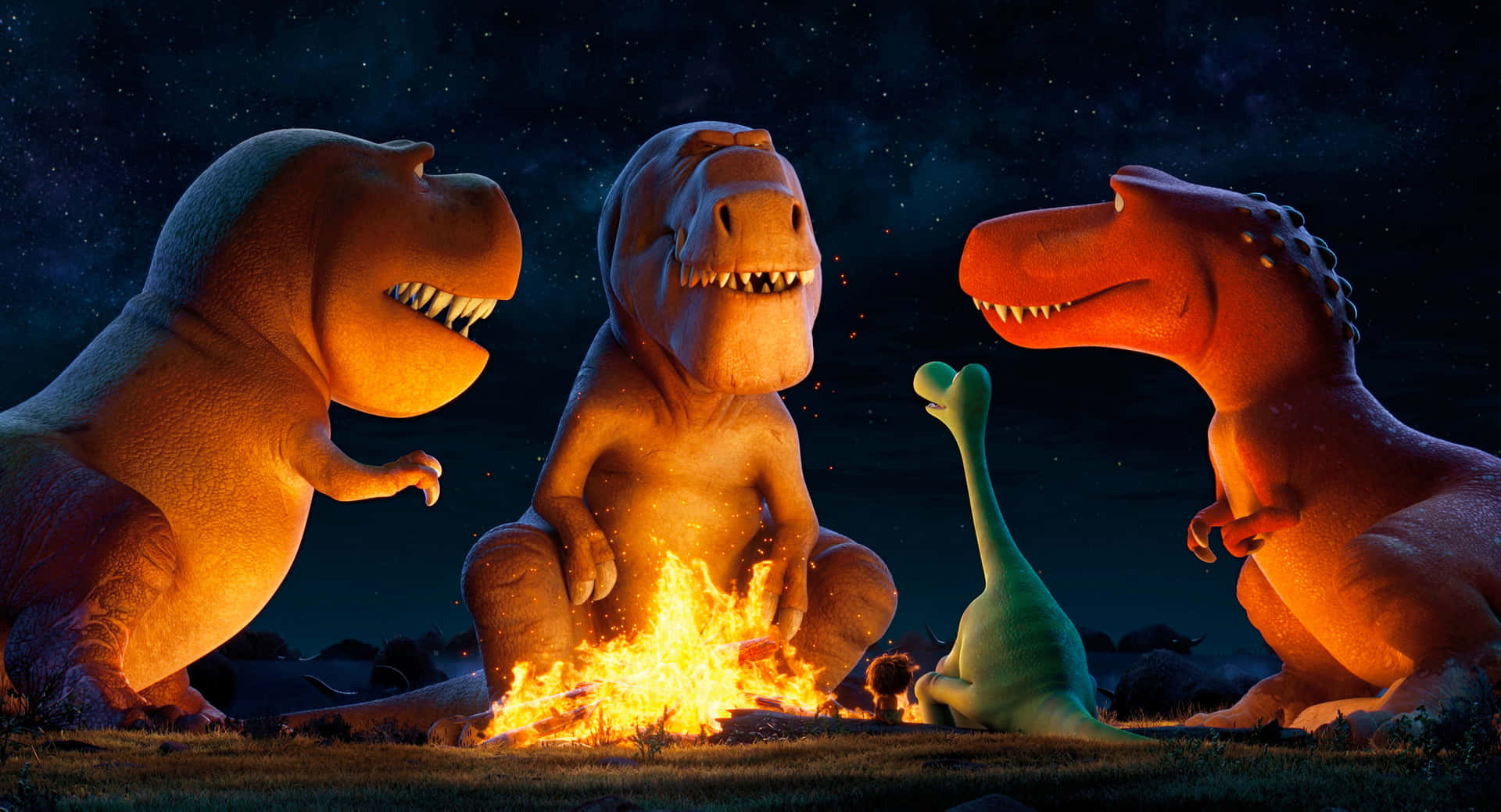 Buenaimagen De La Película De Los Buenos Dinosaurios Alrededor De La Hoguera