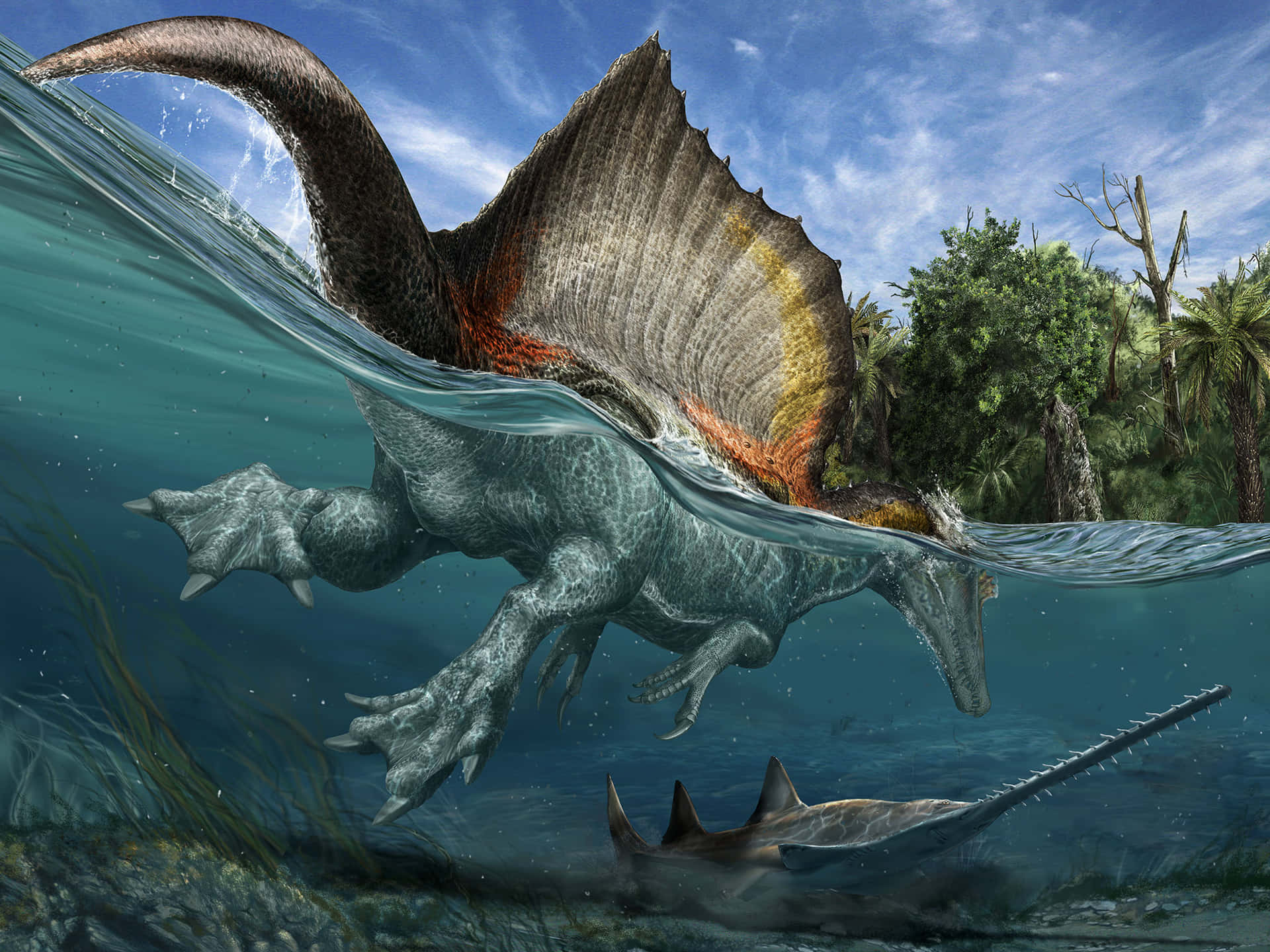 Spinosaurusbild Med Jättestora Akvatiska Dinosaurier.