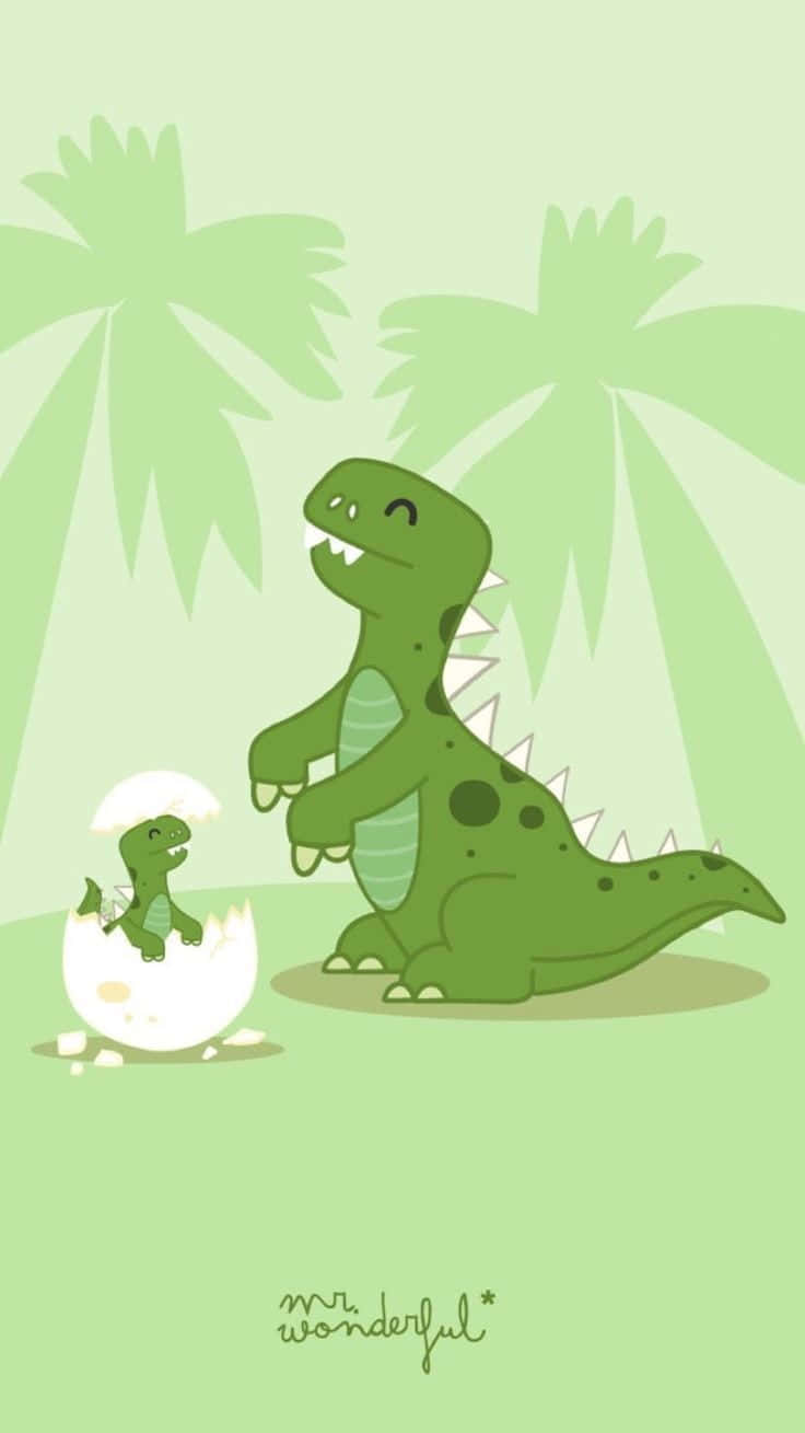 Söttecknad Bild På Gröna Dinosaurier.