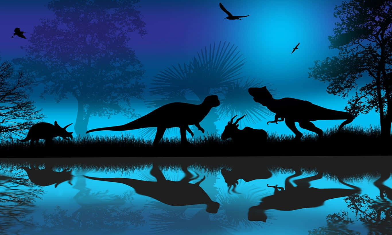 Dinosaurer Silhuetter Blå Nat billede Vægmaleri
