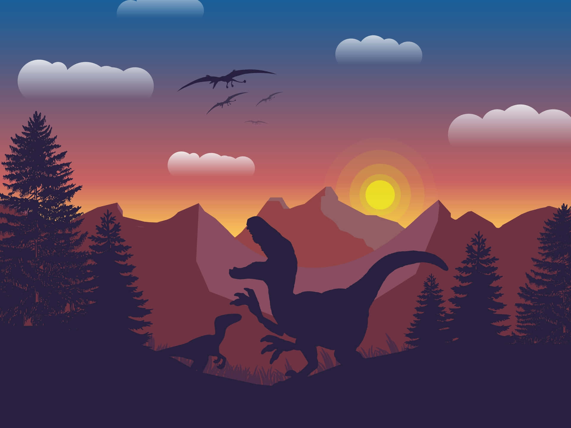 Digitalkonst Bild Av Dinosaurier Och Berg.