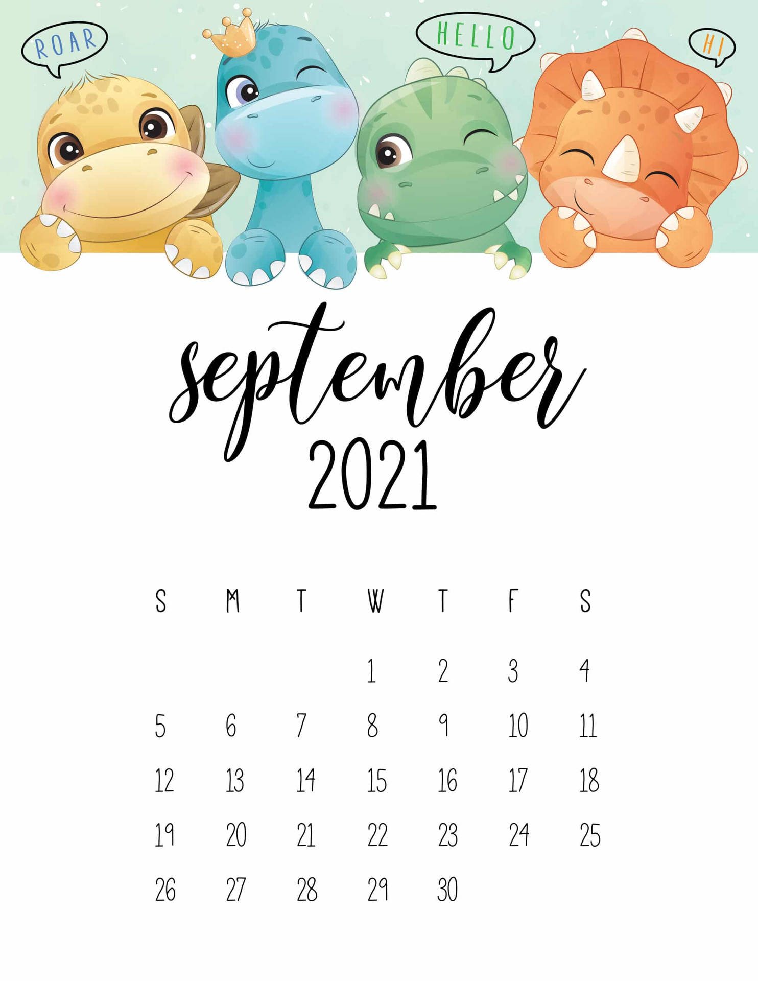 Dinosaurs September Calendar 2021