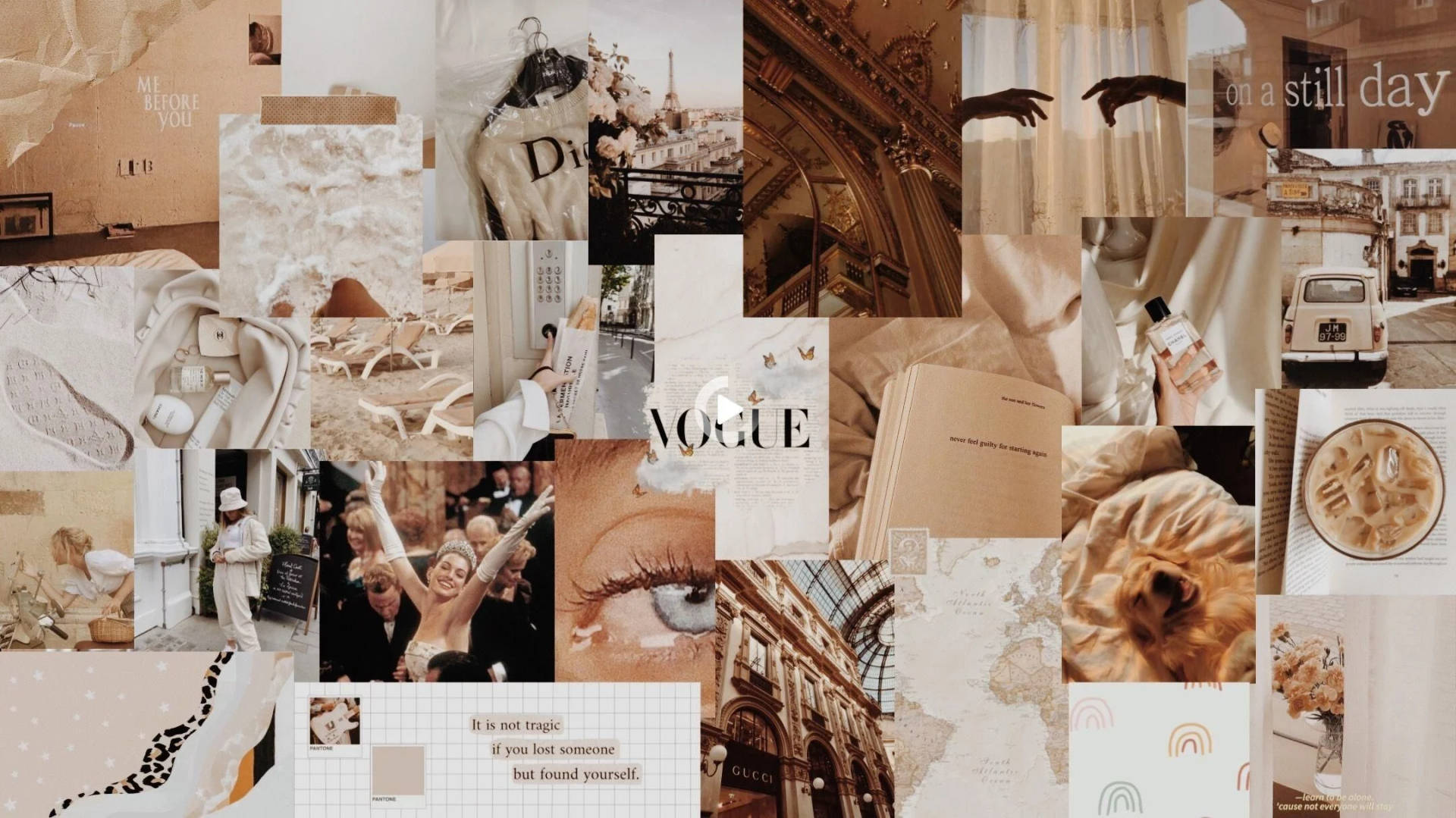 Dior, Gucci, Vogue Beige Aesthetic Collage Background