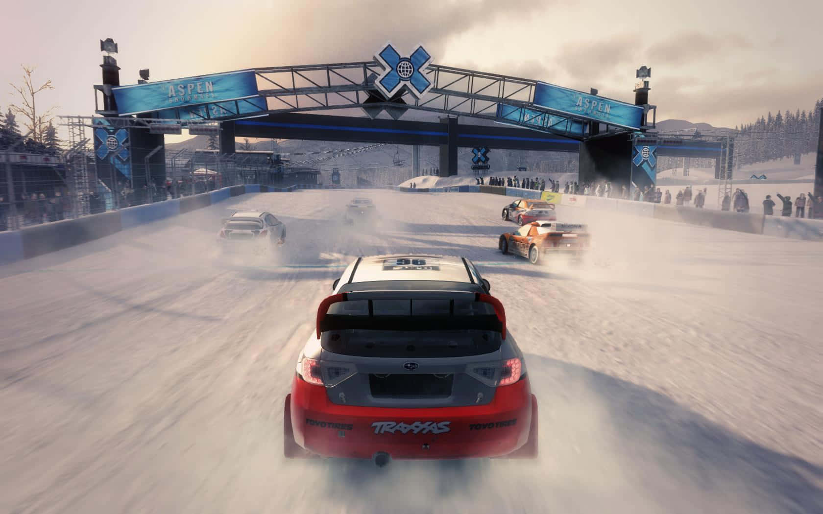 A Screenshot Of A Game With Cars Driving Down A Snowy Road