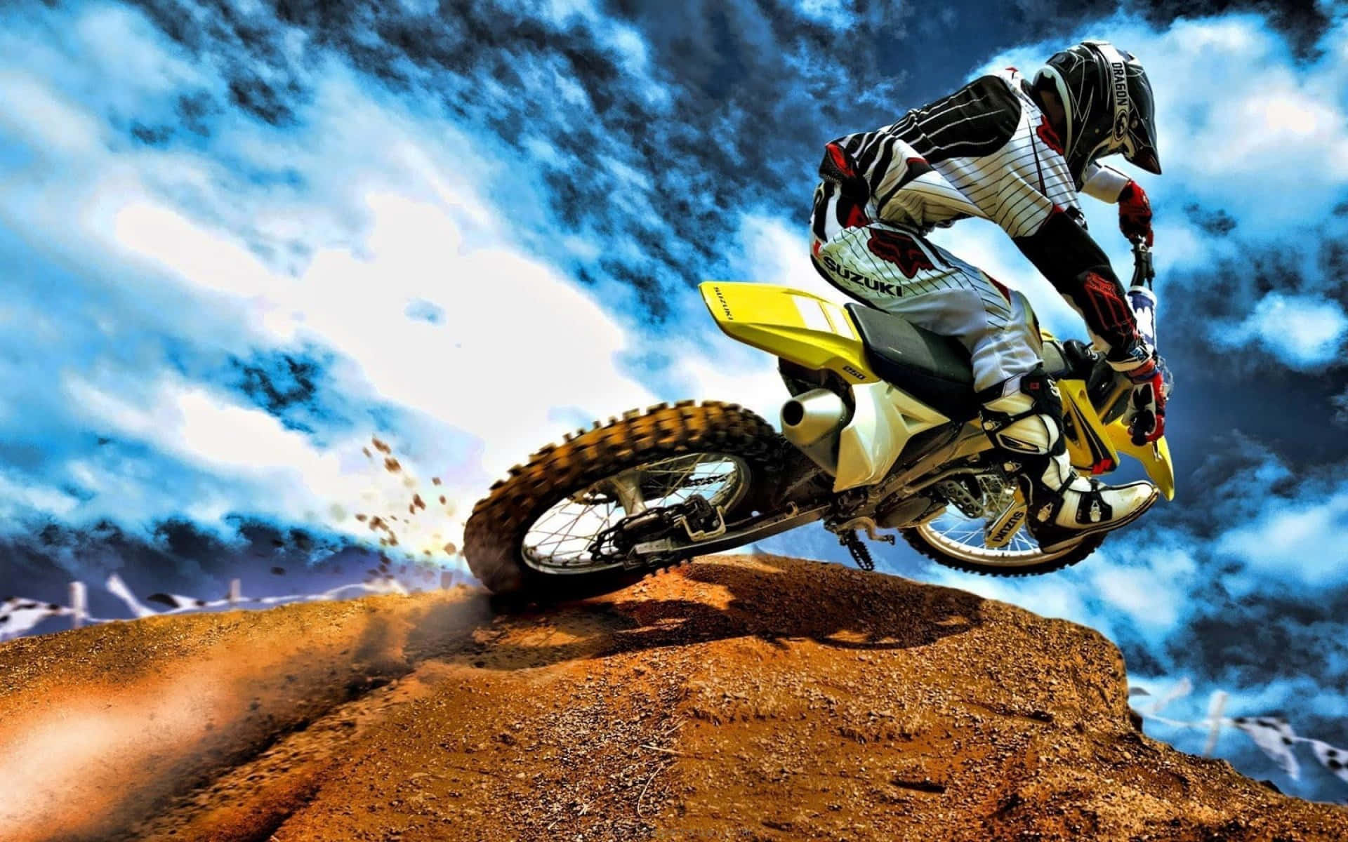 High-speed dirt bike action on a rugged trail