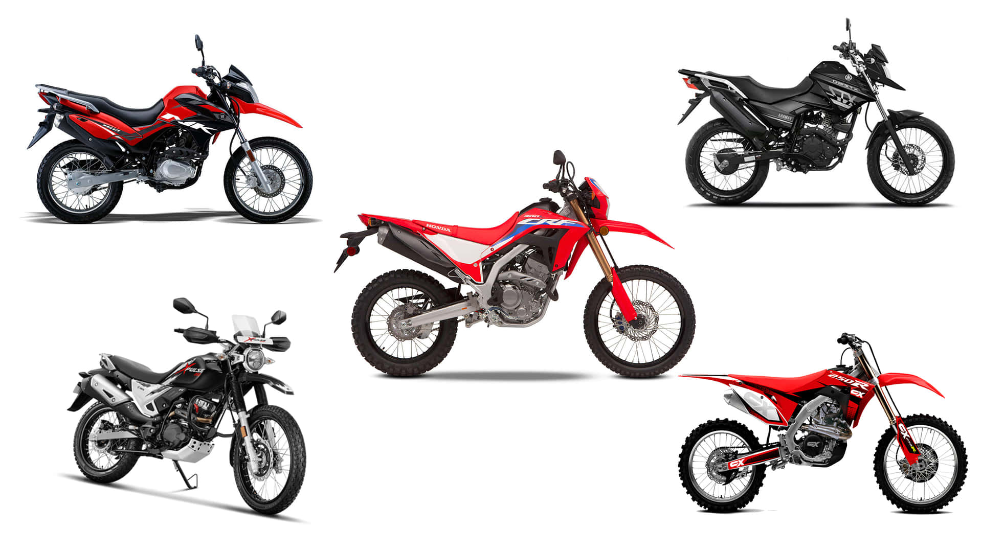 Vierverschiedene Arten Von Geländemotorrädern Auf Weißem Hintergrund.