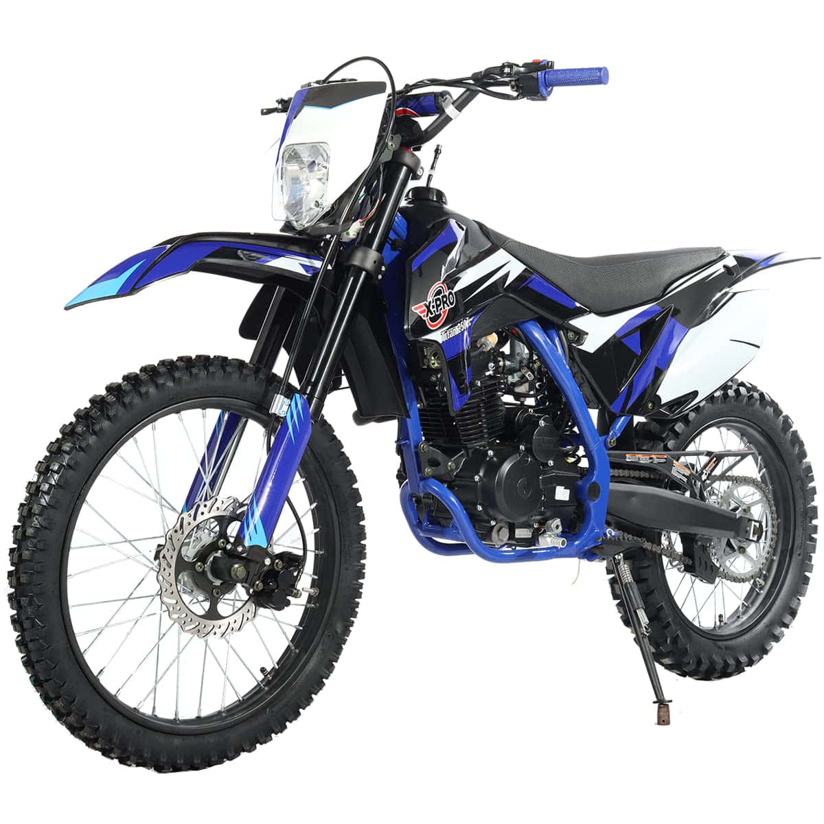 A Blue Dirt Bike Is Shown Against A White Background