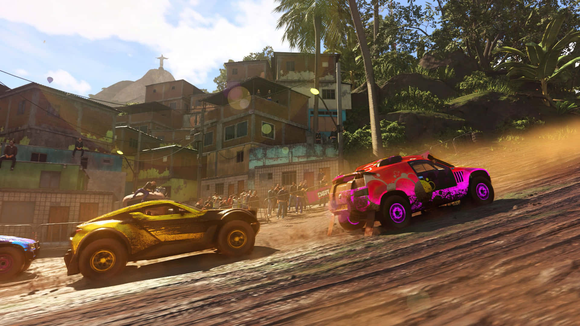 A Screenshot Of A Racing Game With Cars On Dirt Wallpaper