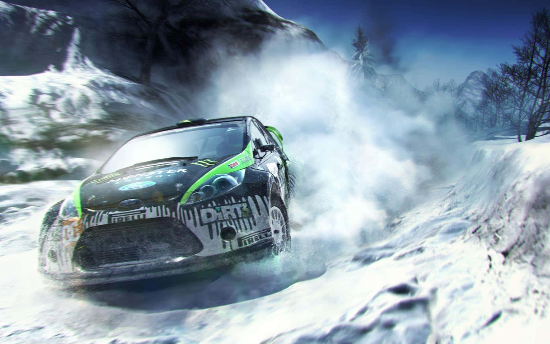 A Green And Black Car Driving Through Snow Wallpaper