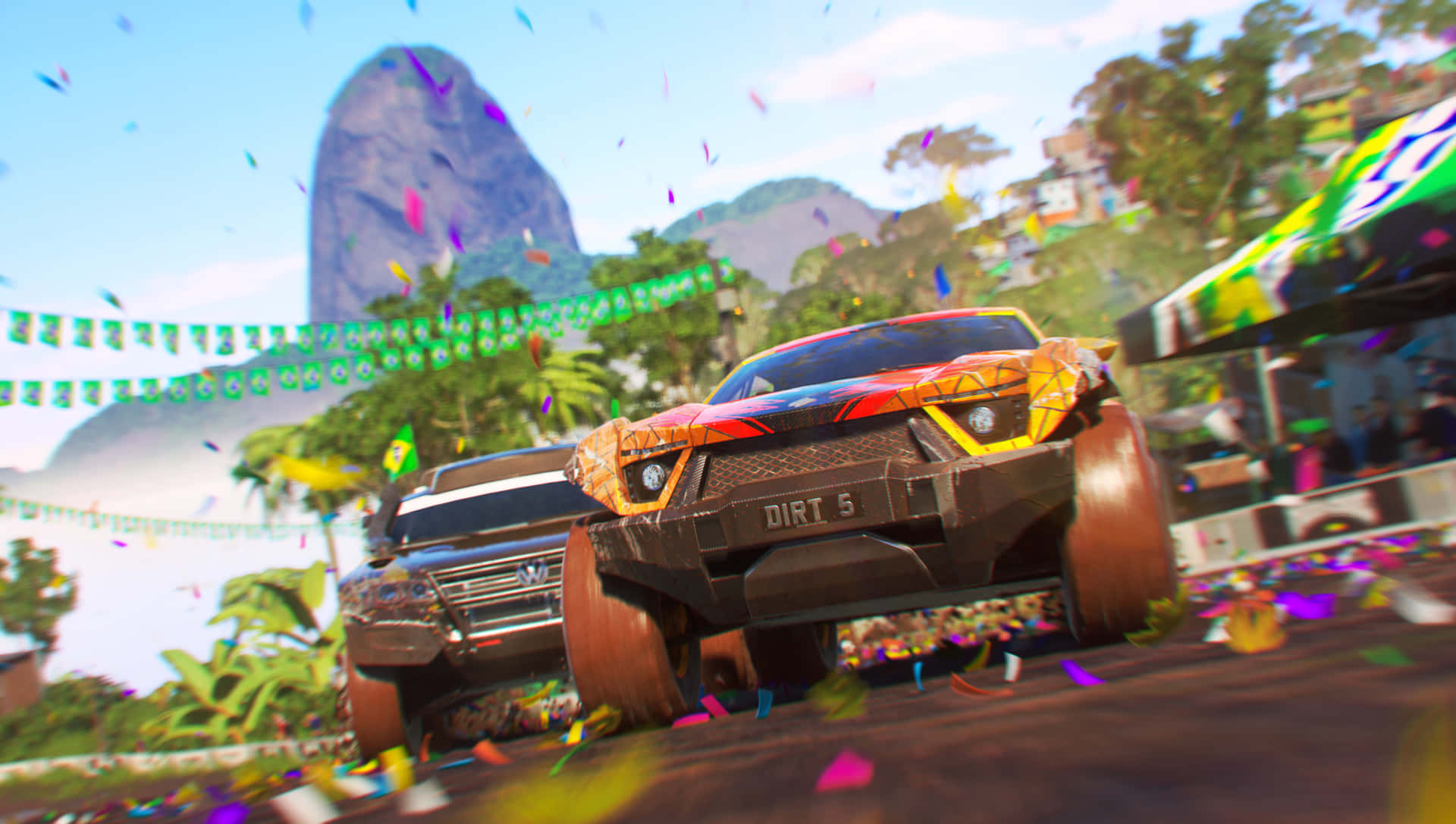 A Screenshot Of A Racing Game With Confetti Wallpaper