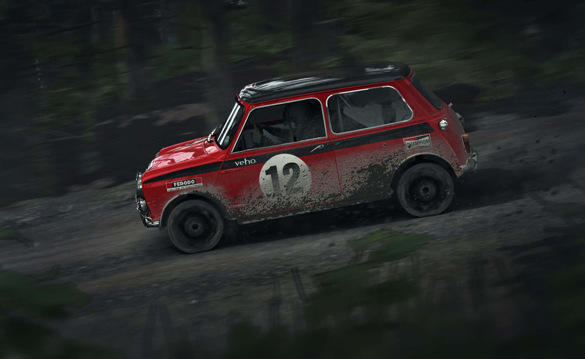 A Red Mini Cooper Driving Through The Woods