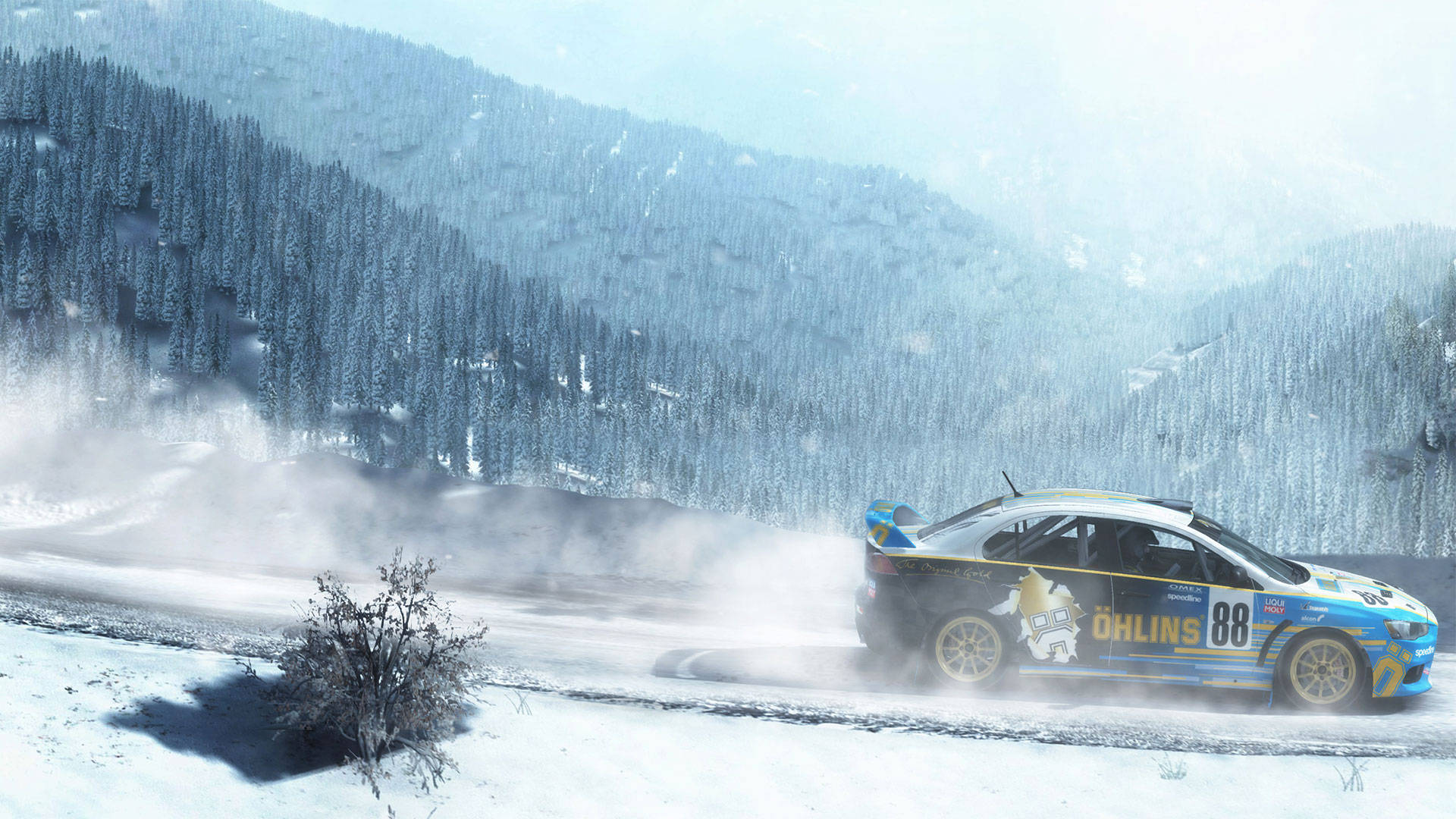 Rallybil i snefyldt bjerg baggrund. Wallpaper