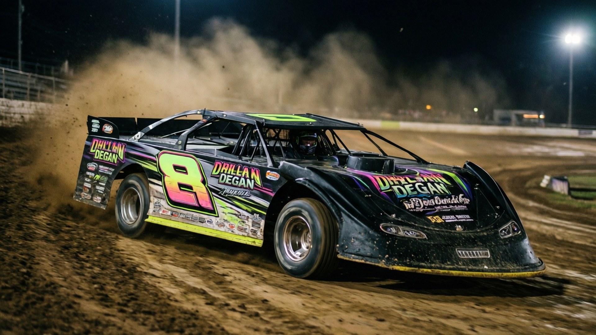 Black dirt race car with neon graphics speeding at night on a dirt track. wallpaper