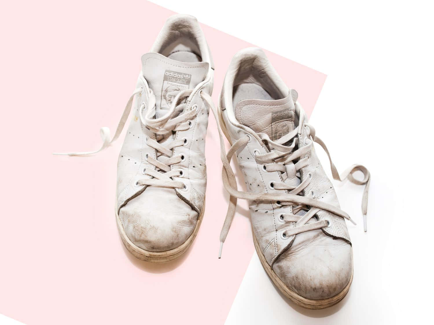 a pair of white sneakers on a pink background