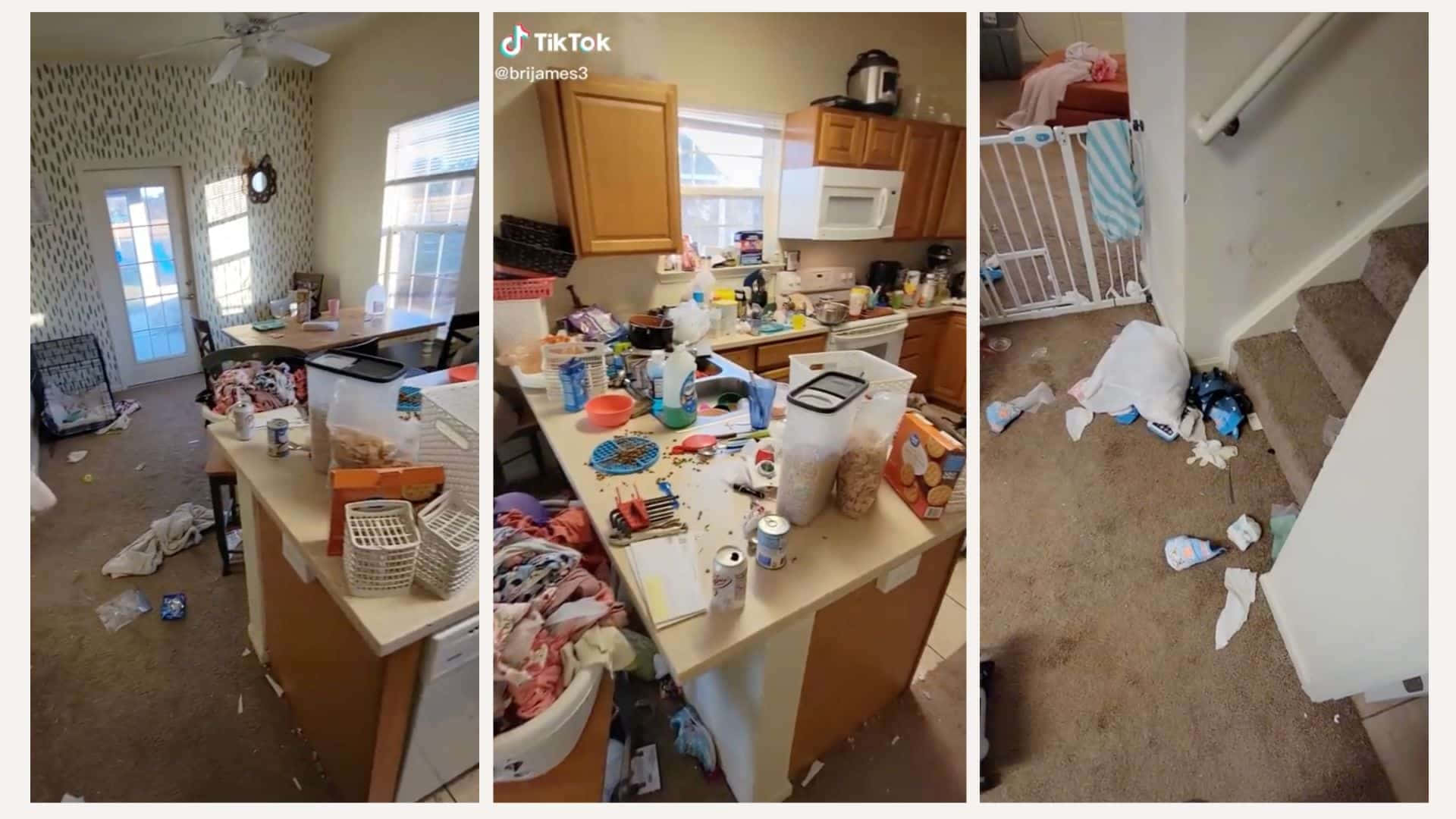 a kitchen with a lot of trash and a broken table