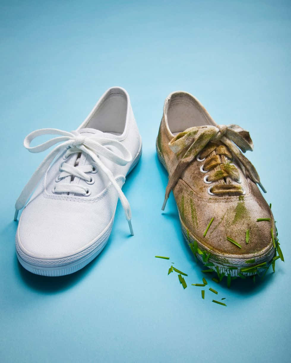 two shoes with grass on them