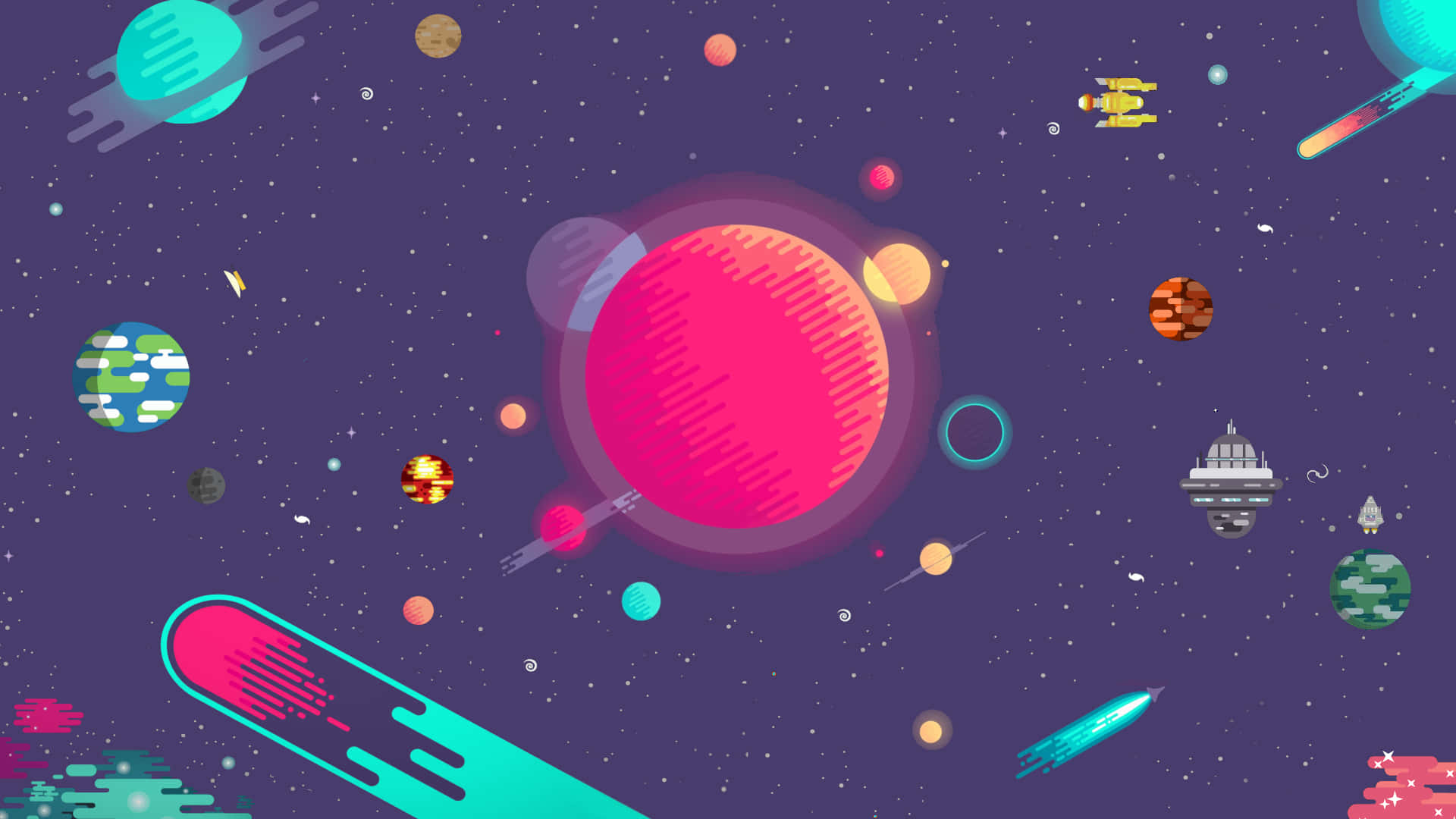 A Colorful Space Scene With Many Planets And Stars