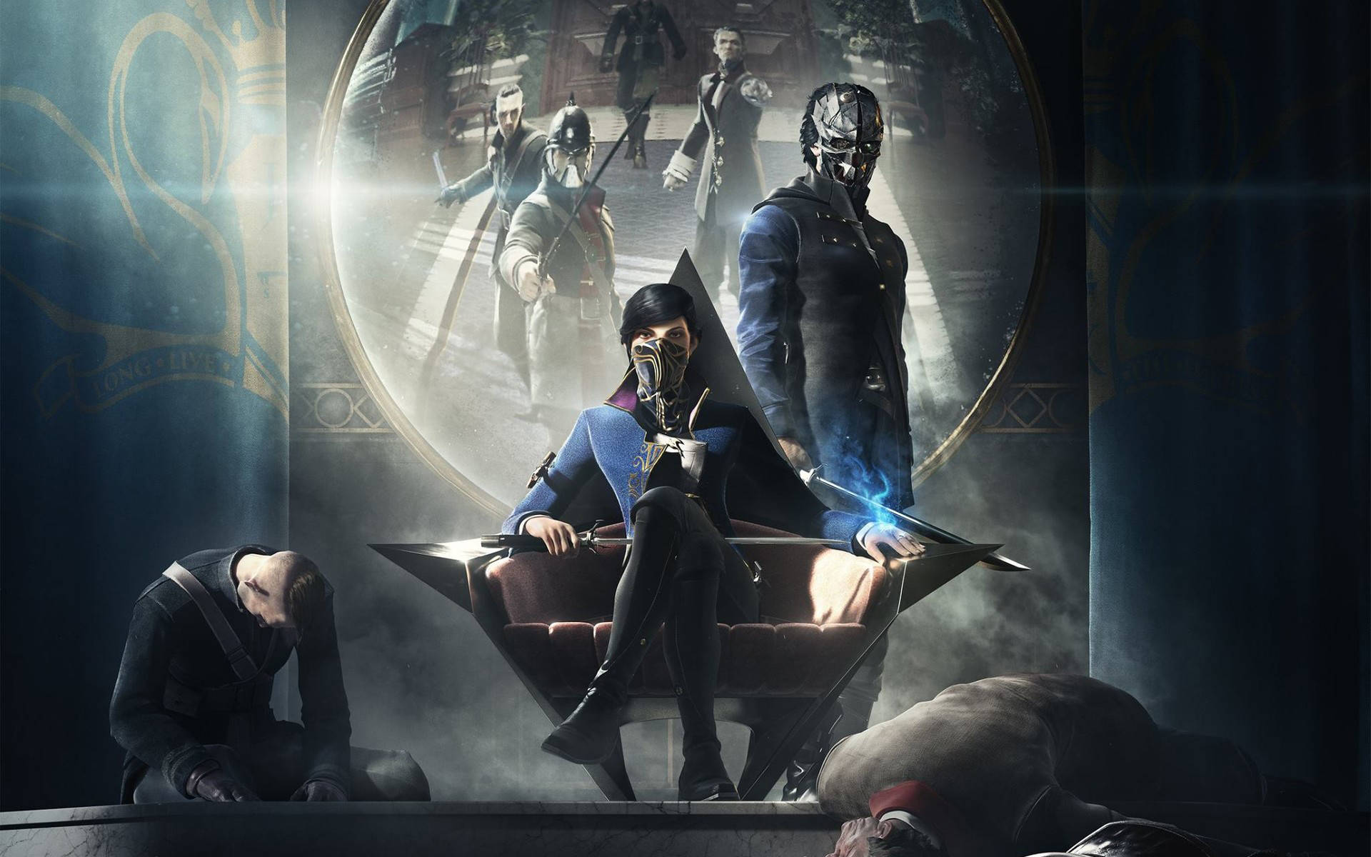 Dishonored 2 Emily And Corvo With Defeated Enemies Wallpaper