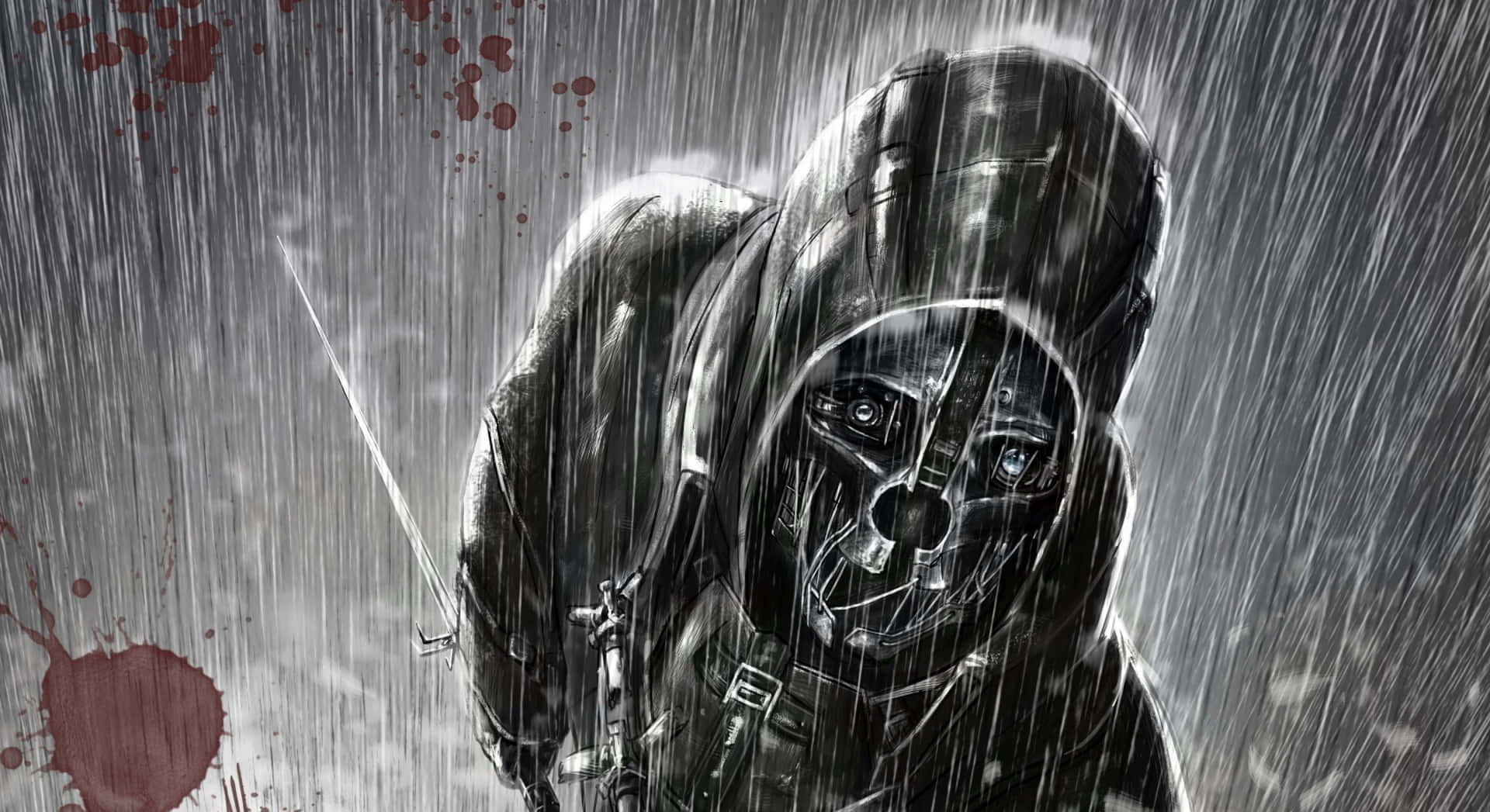 En mand i en hættetrøje holder et kniv i regnen. Wallpaper
