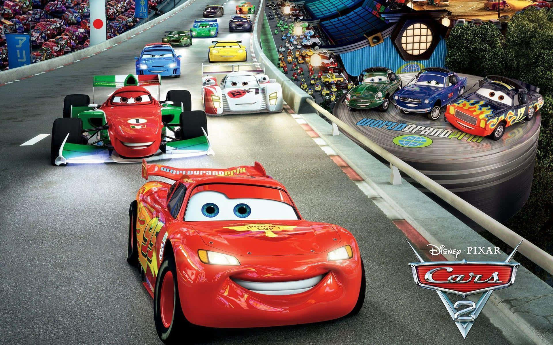 Lightning McQueen races on the track in a vibrant Disney Cars themed background.