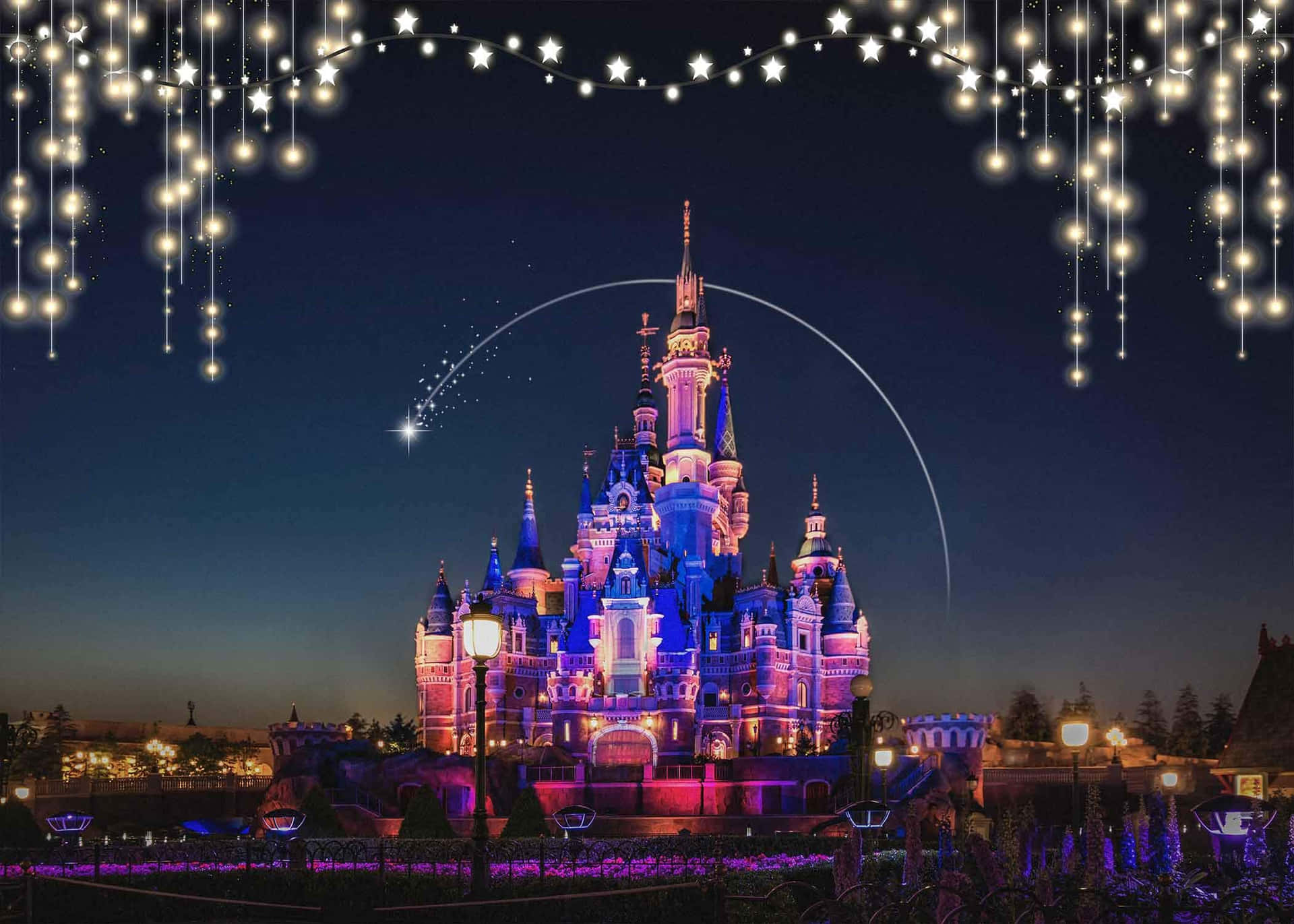Immaginefoto Del Famoso Castello Disney E Di Un Bellissimo Cielo Rosa.