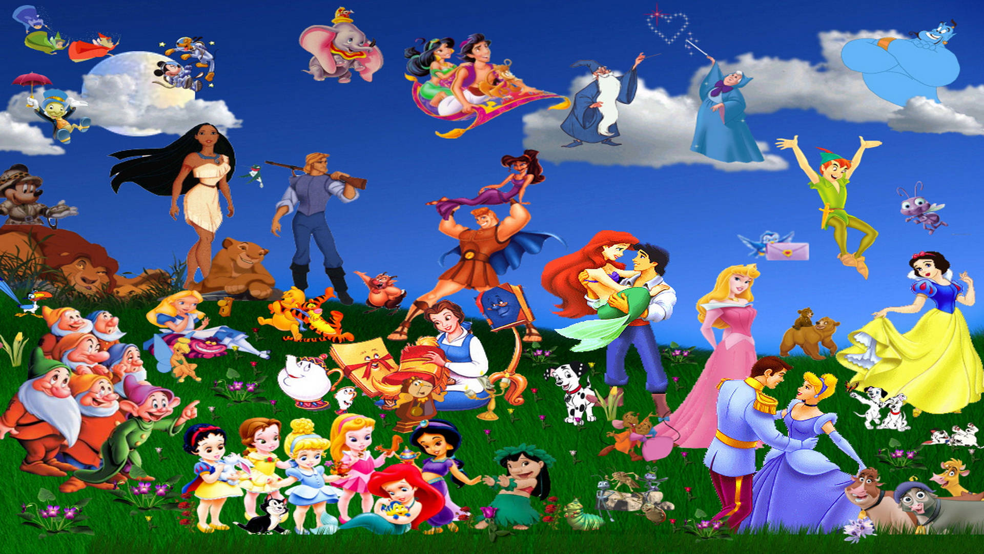 Disney Characters In Grassland Wallpaper