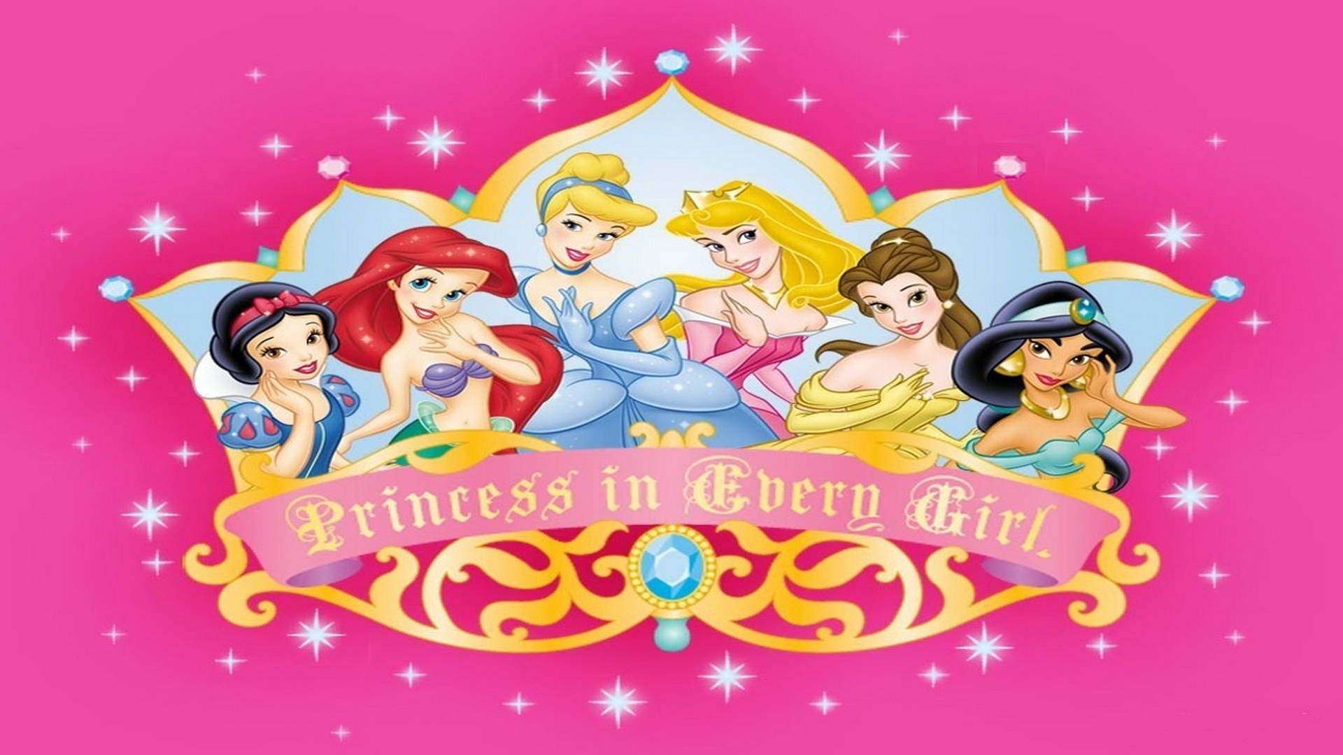 Disney Characters Princesses Pink Banner Wallpaper