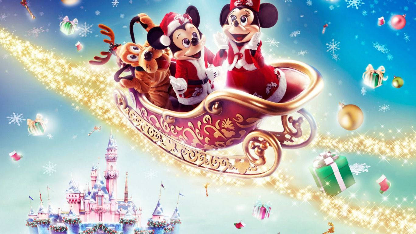 Disney's mouse family in Christmas attires on a magical sleigh in 3D wallpaper