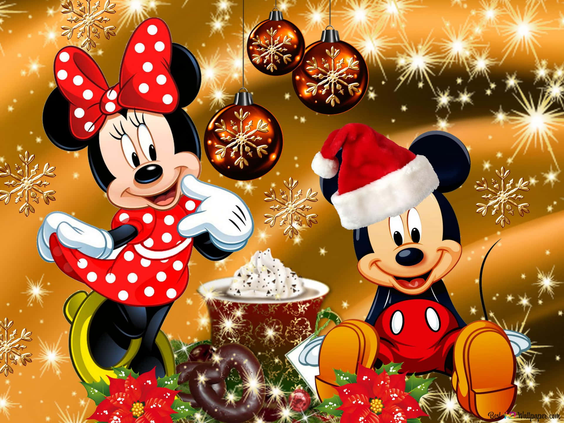 Mickey Mouse And Minnie Mouse In Christmas Decorations Wallpaper