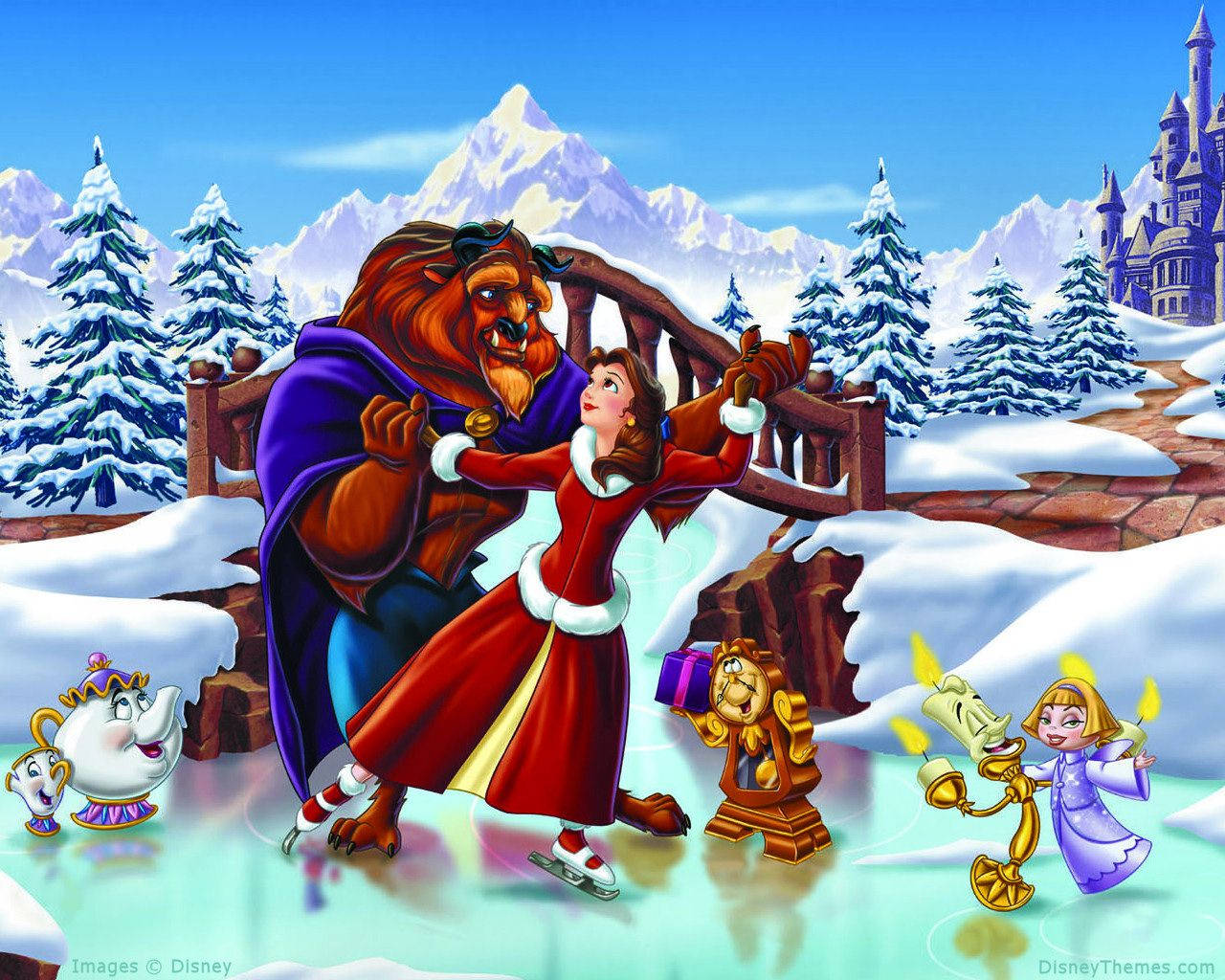 Navidadde Disney Con Bestia Y Bella Fondo de pantalla