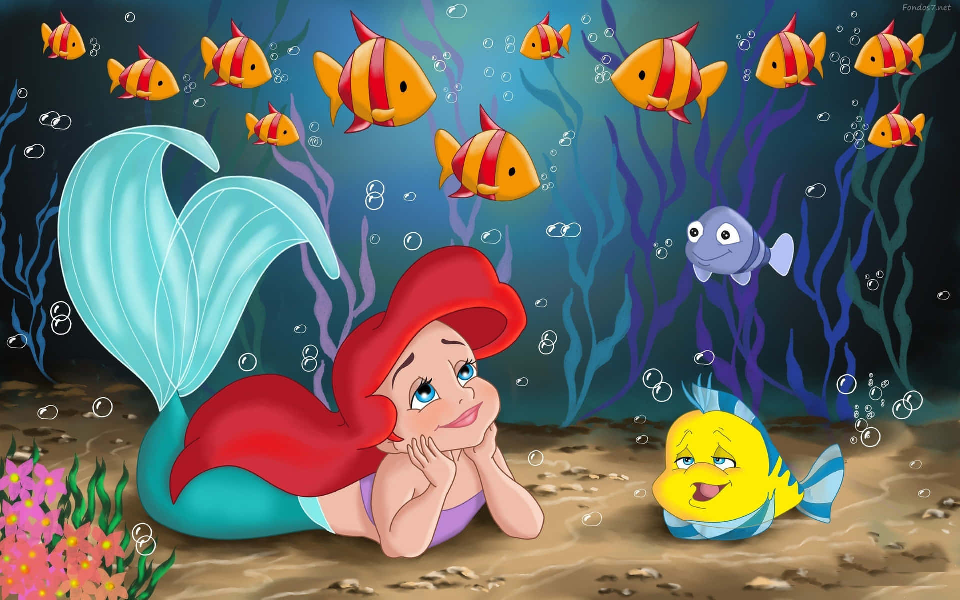 Disney Computer Ariel And Flounder As Kids Wallpaper