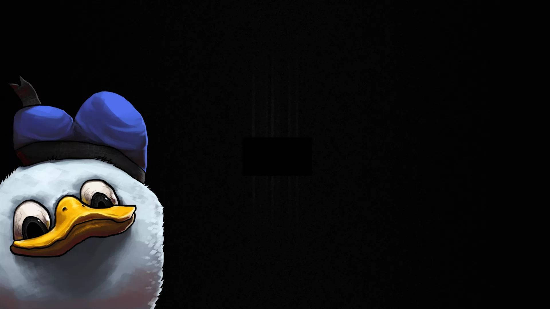 Disney Dolan Donald Duck funny meme with big eyes and beak on a black background. 