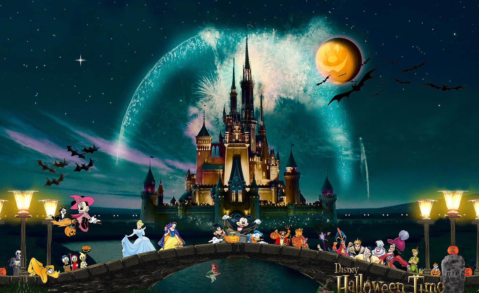 Disney Halloween Wallpaper featuring Mickey, Minnie, and villains