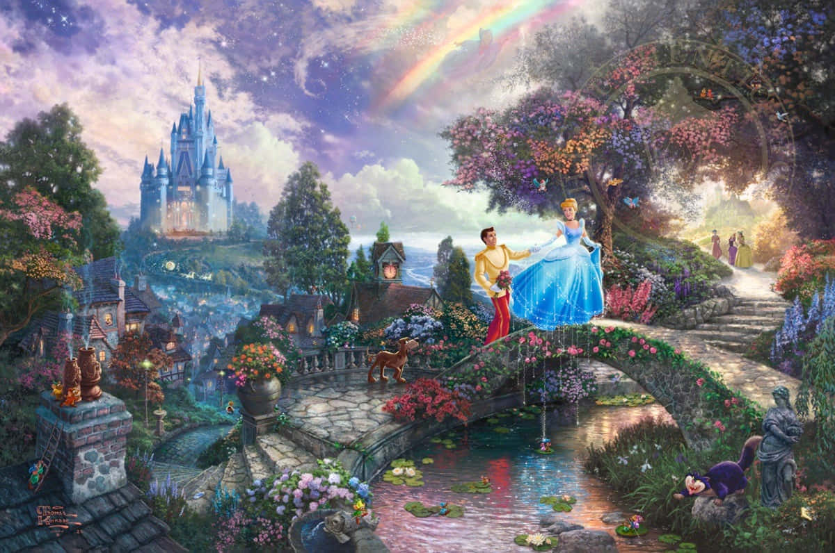 Cinderella og prins Edward i slottet på et månelandskab natt. Wallpaper