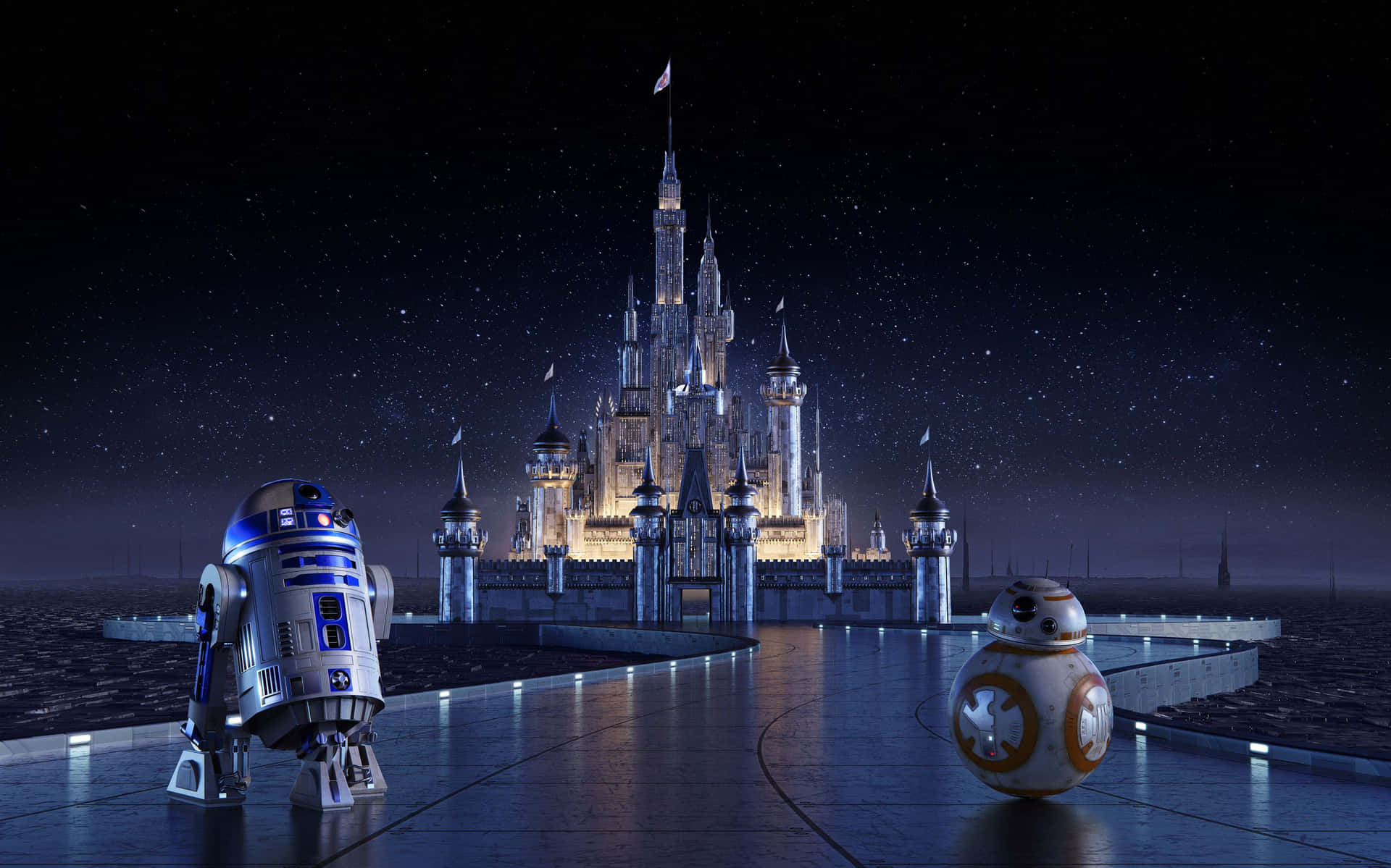 R2d2 And Droids Standing In Front Of A Castle Wallpaper