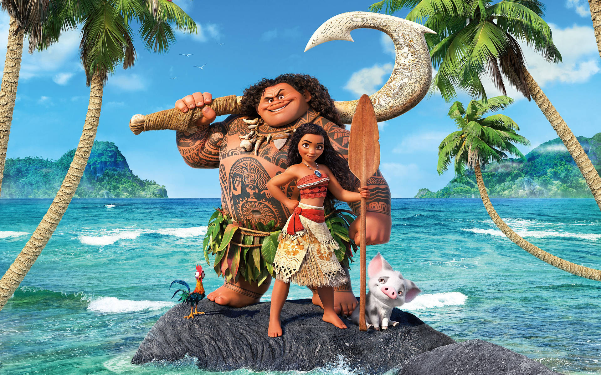Moana and Maui on a little rock island amid gushing ocean waves Disney wallpaper.