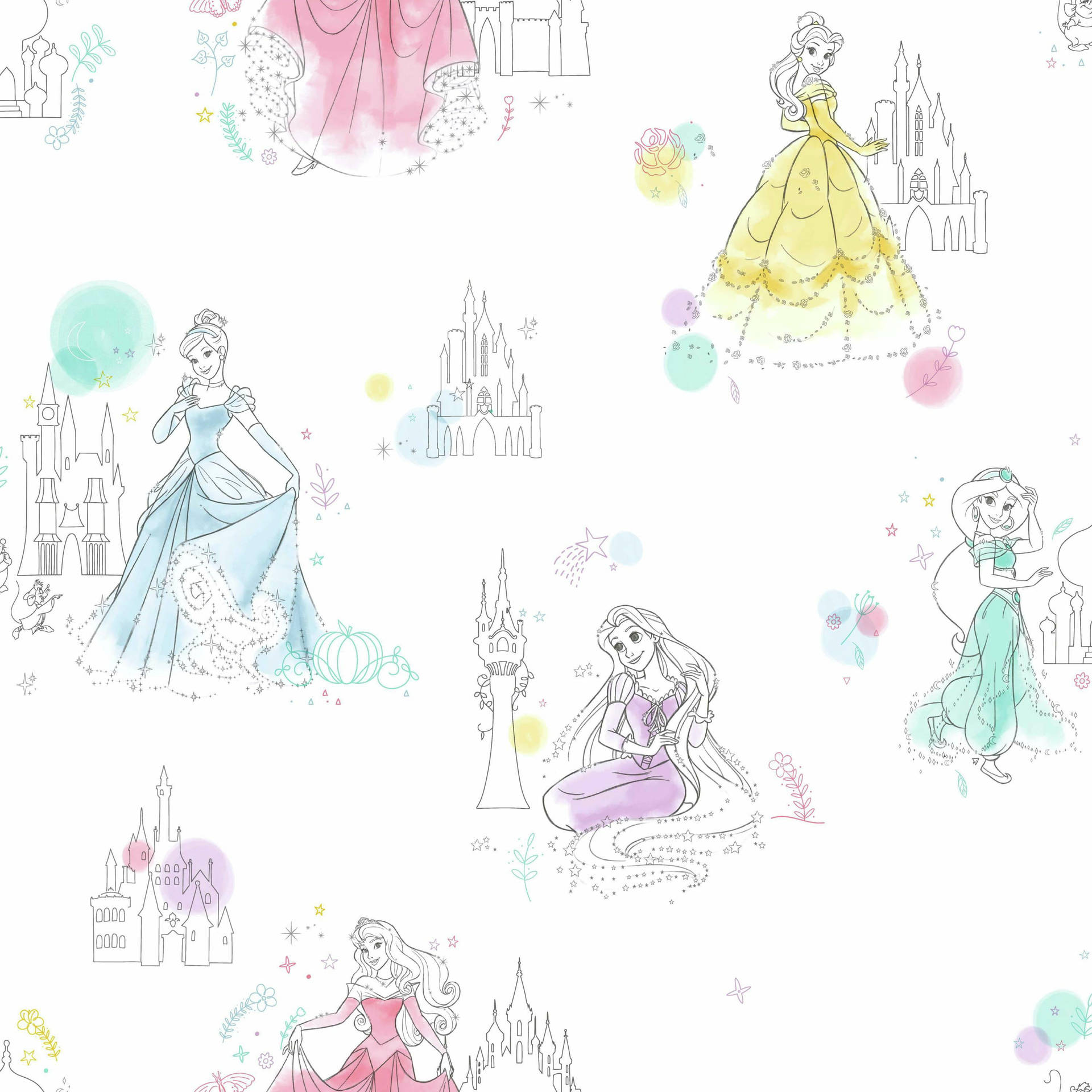 Disneyprinsessor Och Prinsessor På En Vit Bakgrund. Wallpaper