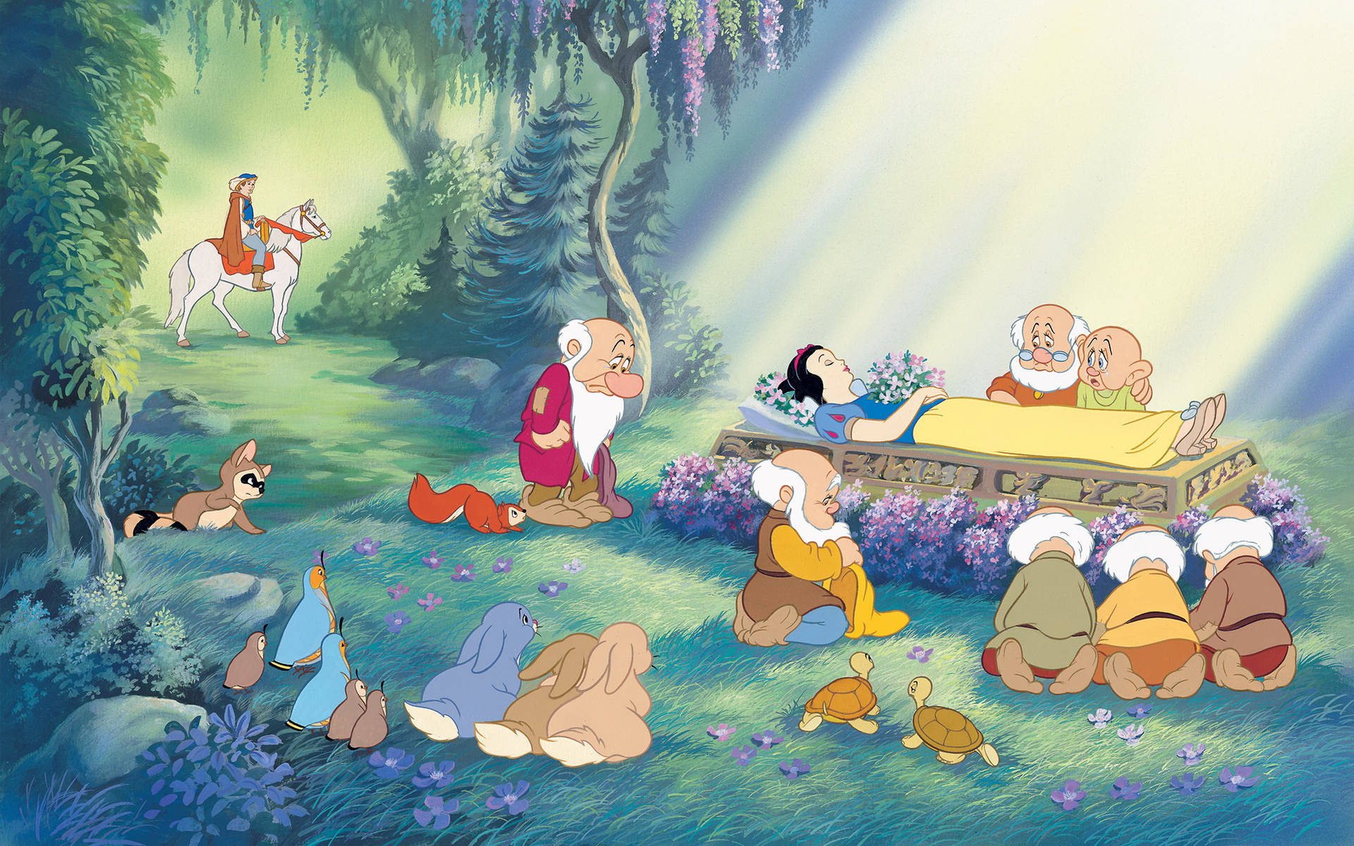 Disney Princess Snow White And Sad Dwarfs Wallpaper