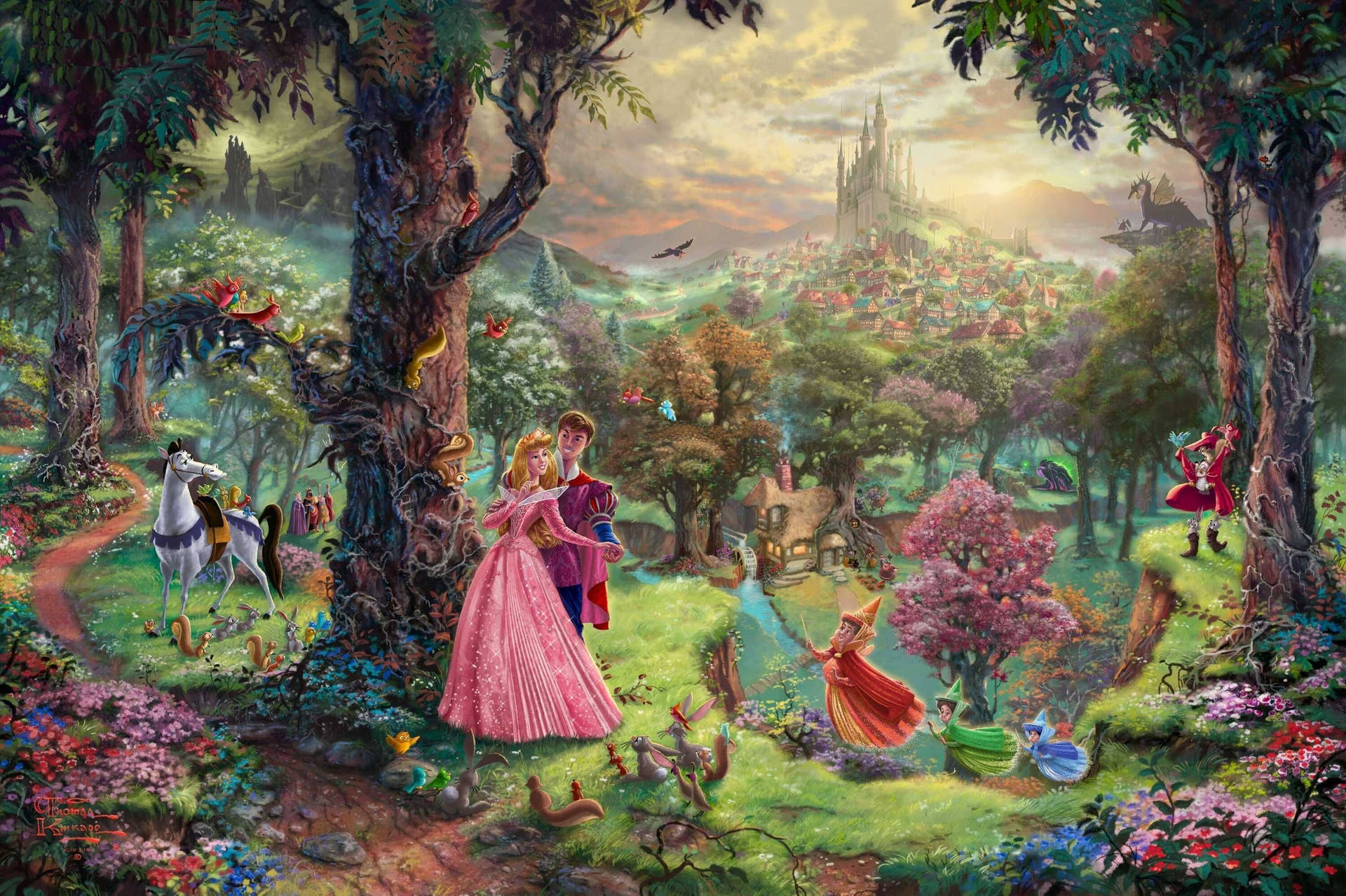 Disney Sleeping Beauty in pink dress on a forest wallpaper.