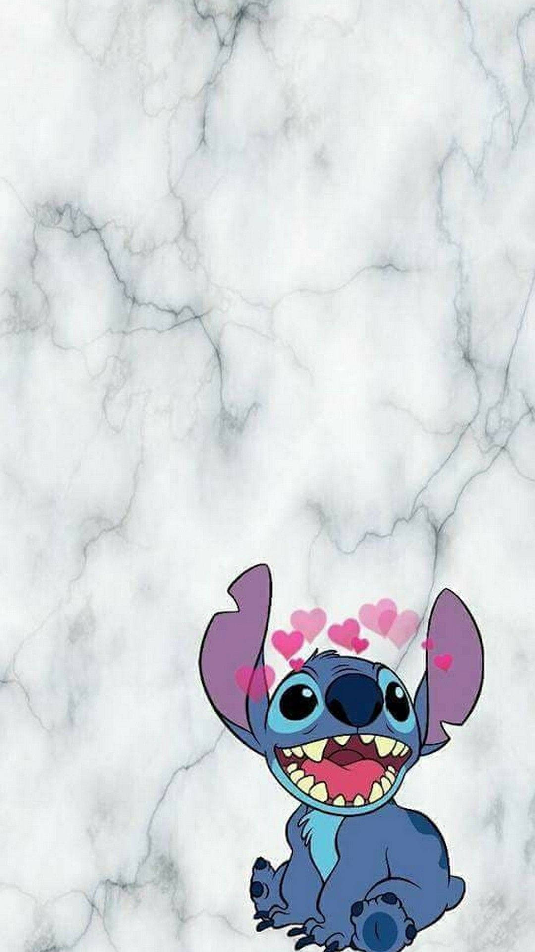 Stitch with pink hearts on marble backdrop wallpaper. 