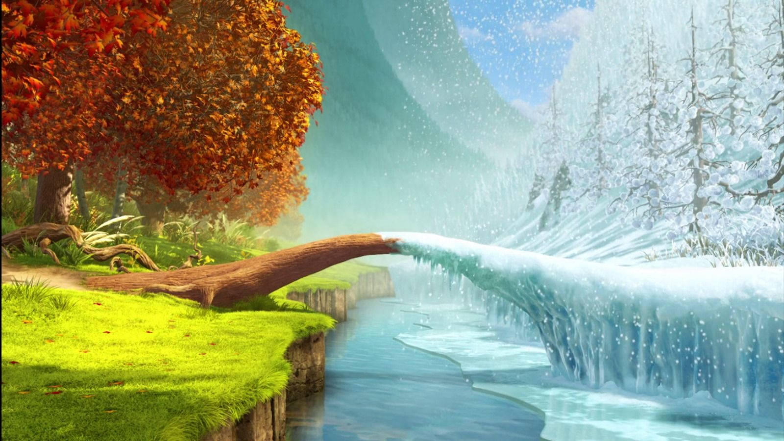 Disney wallpaper of Tinkerbell film with boundary between Pixie Hollow and Winter Woods