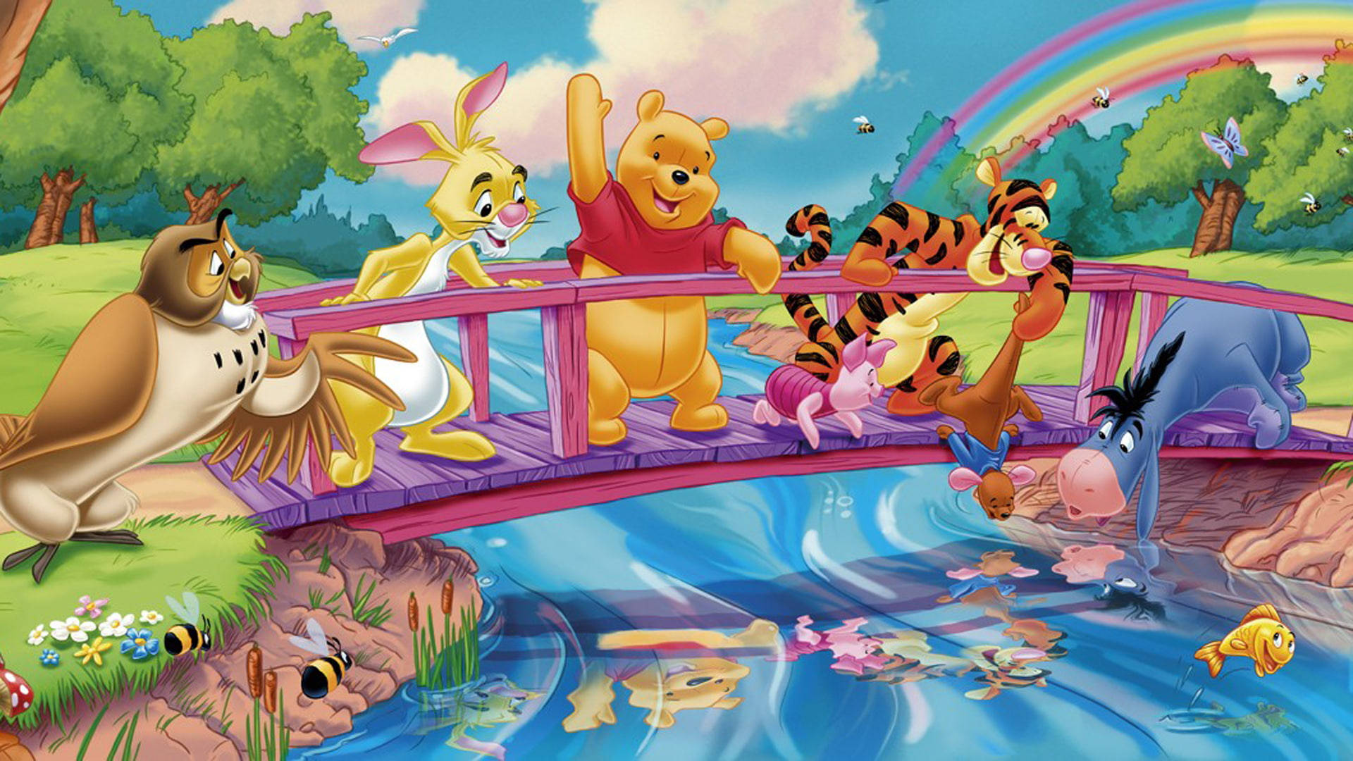 Disneywinnie The Pooh E Amigos Em Uma Ponte. Papel de Parede