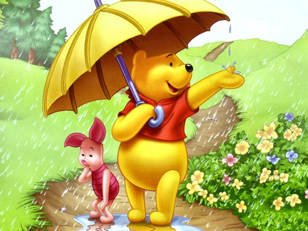 Disney Winnie The Pooh And Piglet Under An Umbrella Wallpaper