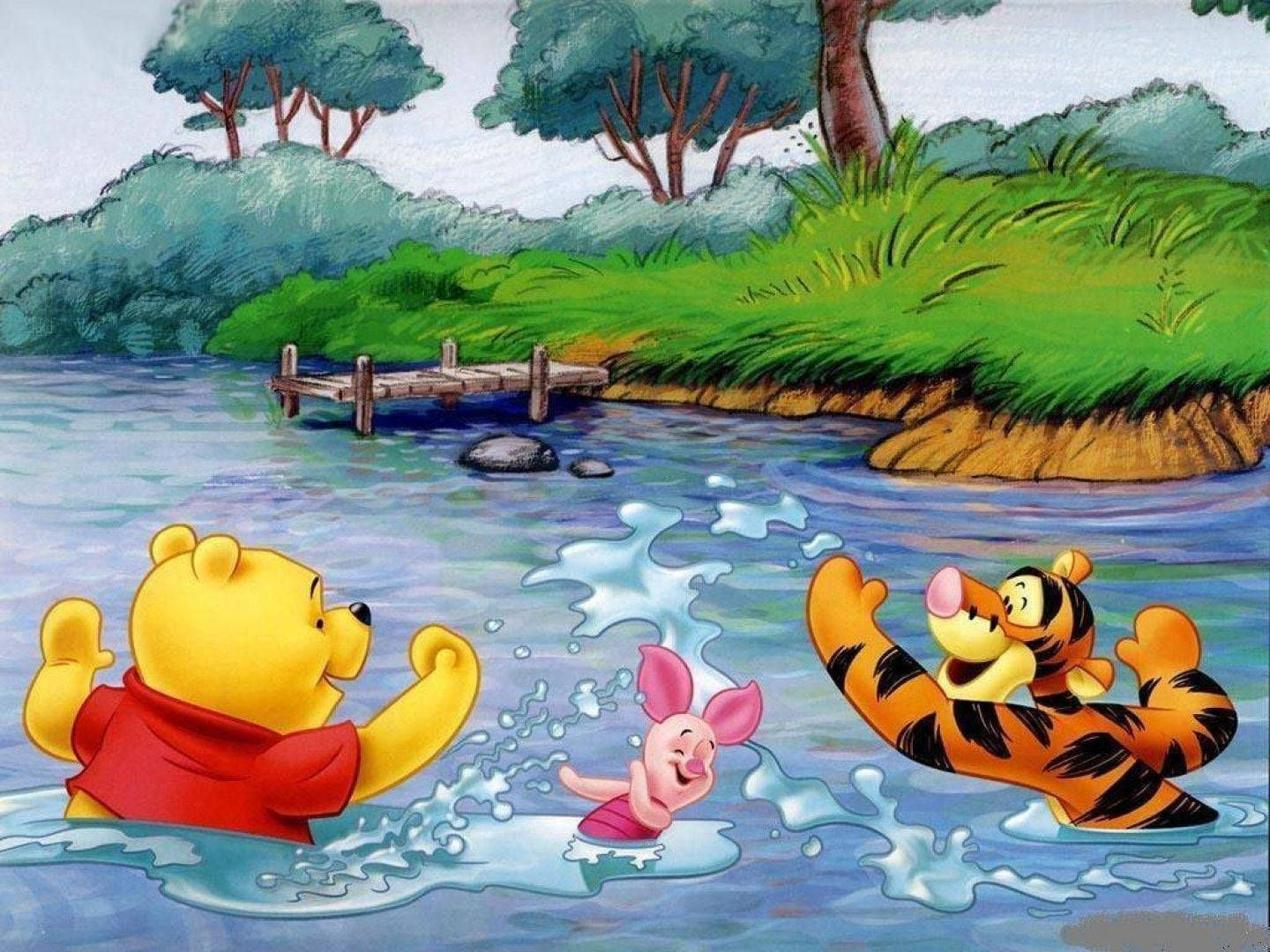 Disney Winnie The Pooh Playing In The River Wallpaper