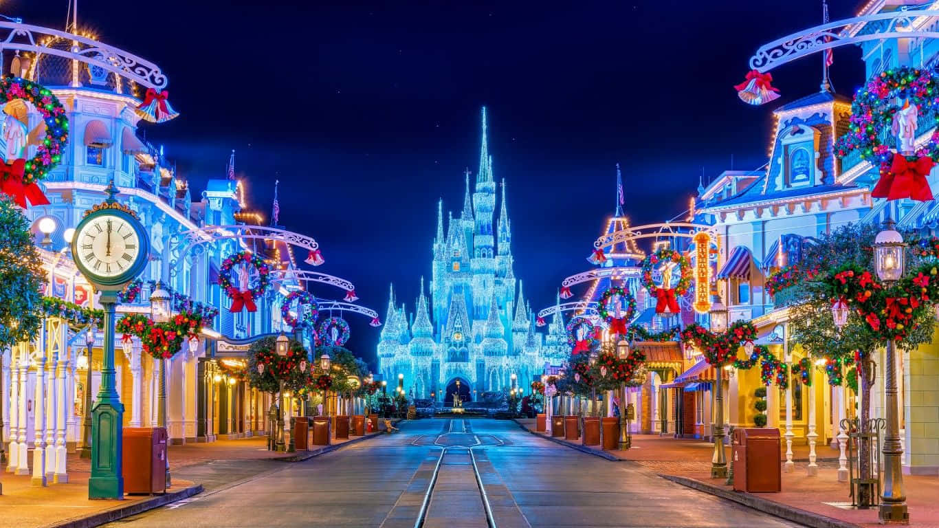 A Street In Disney World With Christmas Decorations
