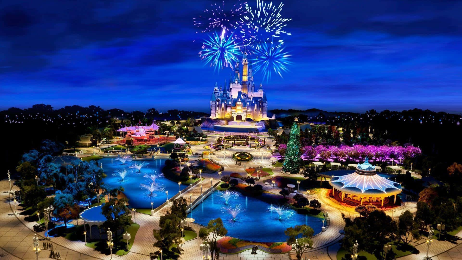 A Disney Castle With Fireworks And A Water Park