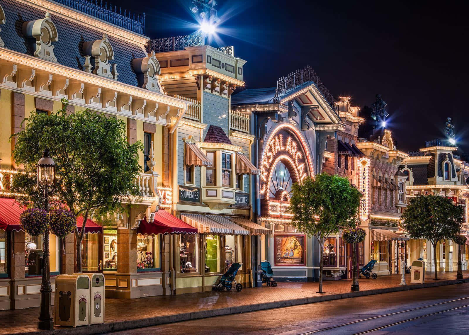 Disneyworld Bei Nacht Mit Lichtern Und Geschäften