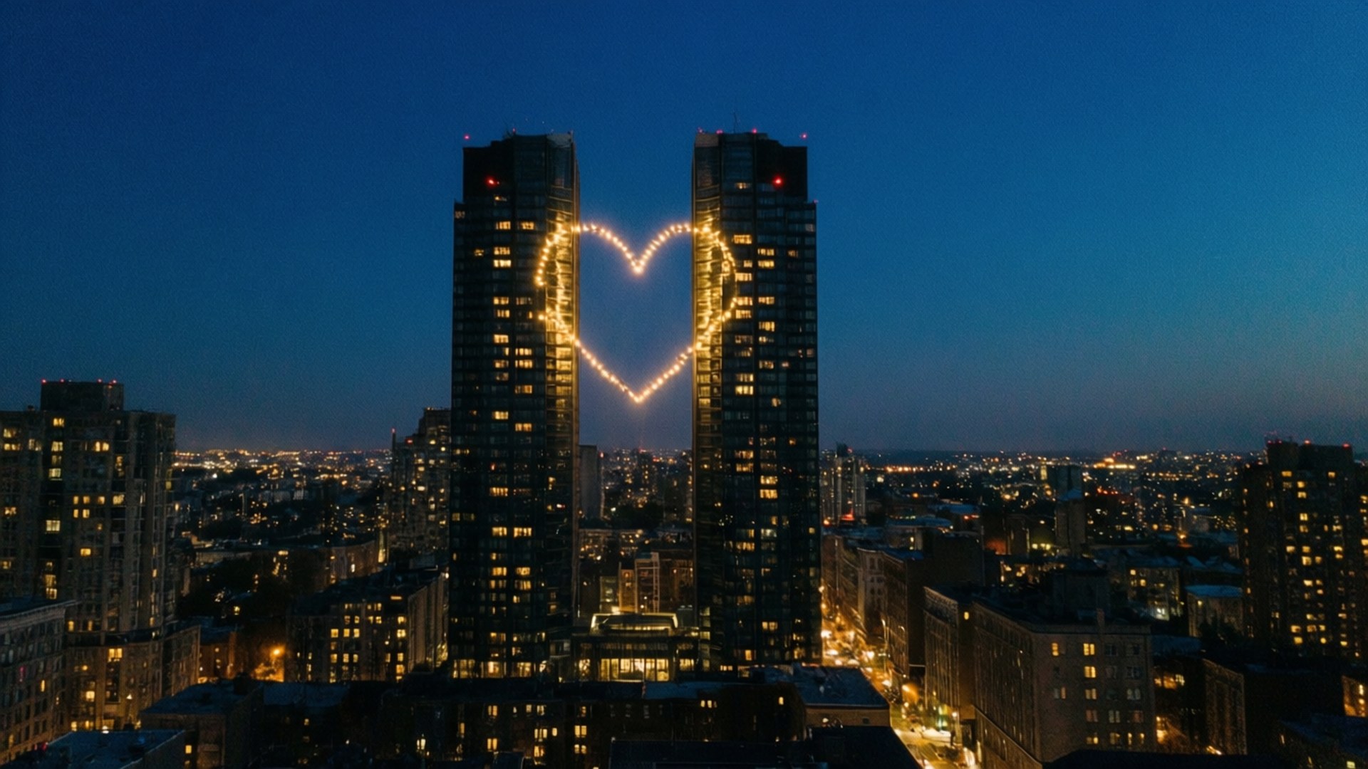 Ferne Fenster Hintergrundbilder — Zwei beleuchtete Fenster bilden ein Herz in einer Stadtlandschaft Tapete