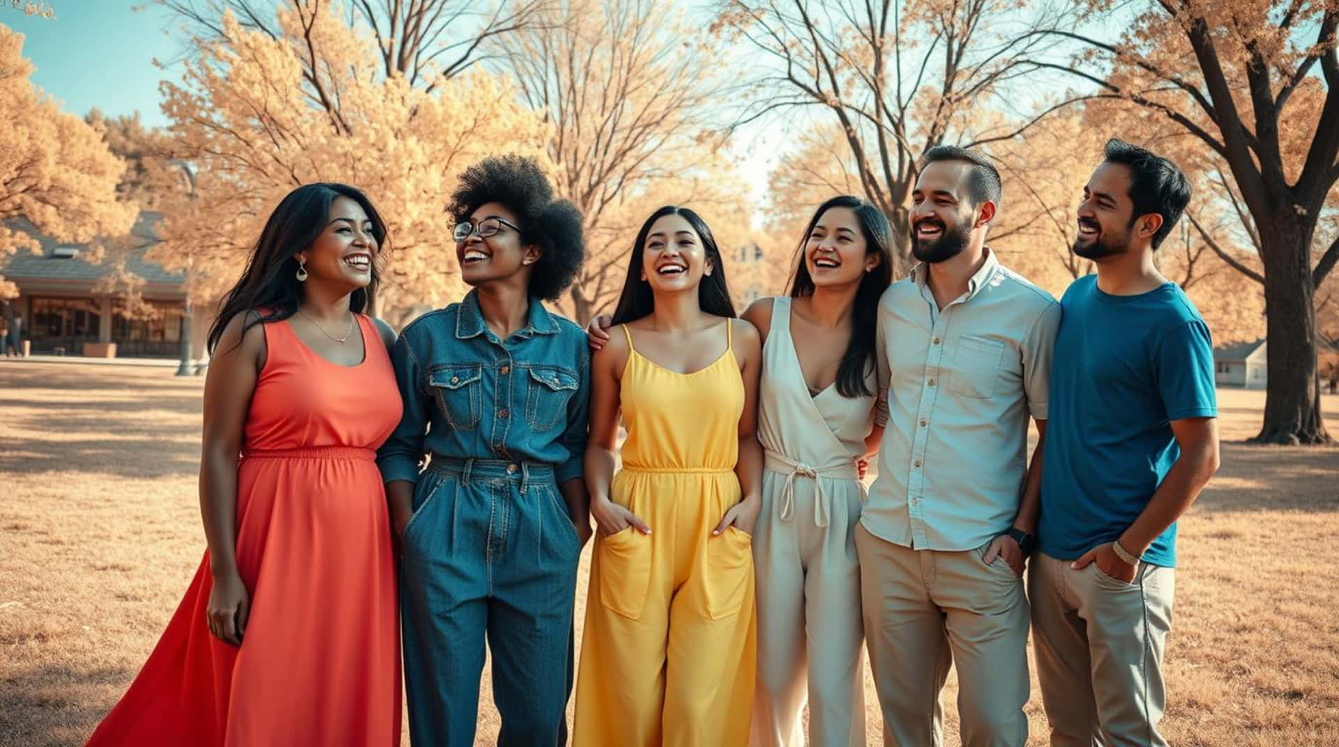 Diverse Happy Friends Enjoying A Sunny Autumn Day Outdoors, Sharing Laughter And Connection Wallpaper