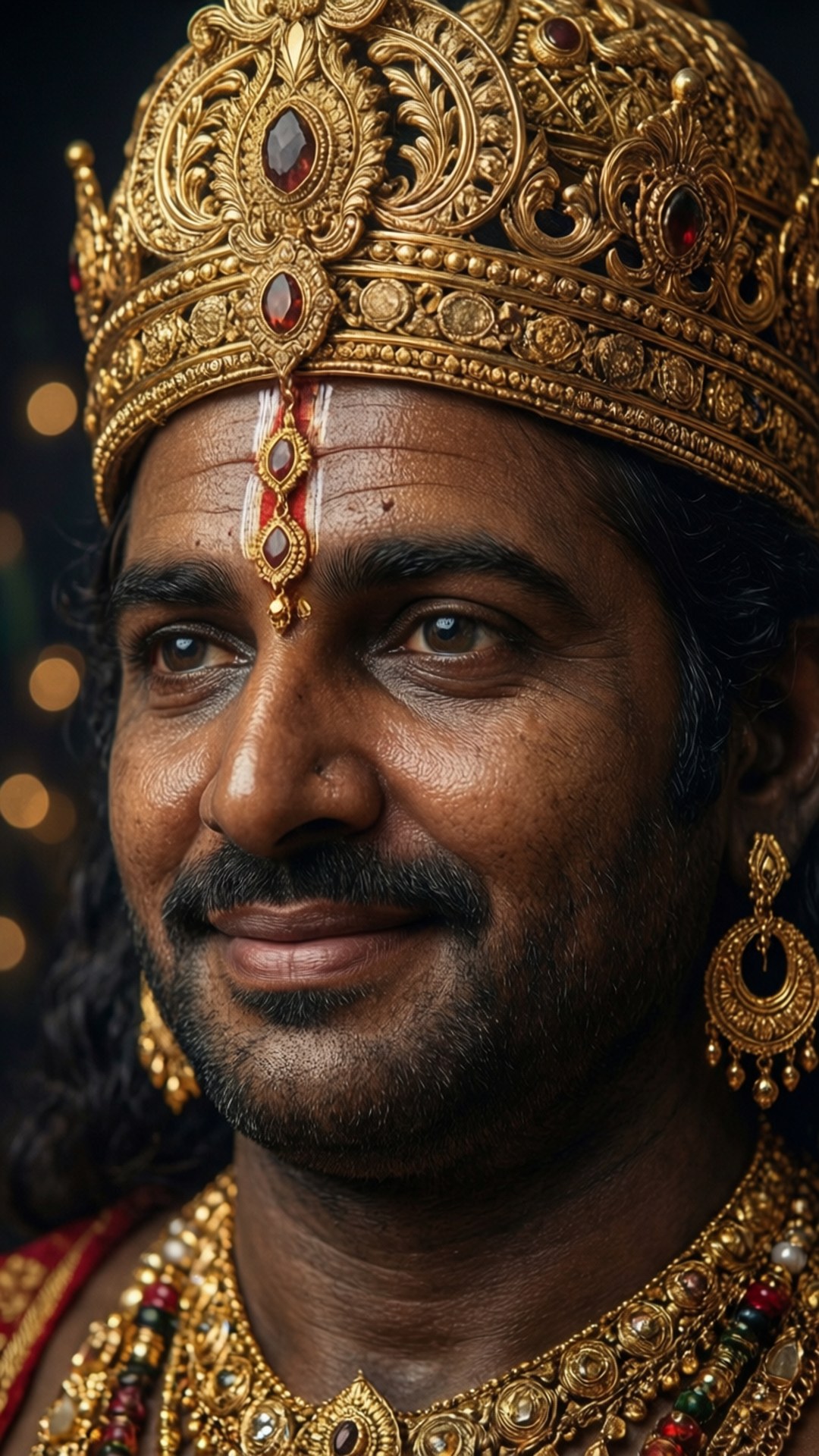 Close-up portrait of Lord Venkateswara's serene face with detailed jewelry.